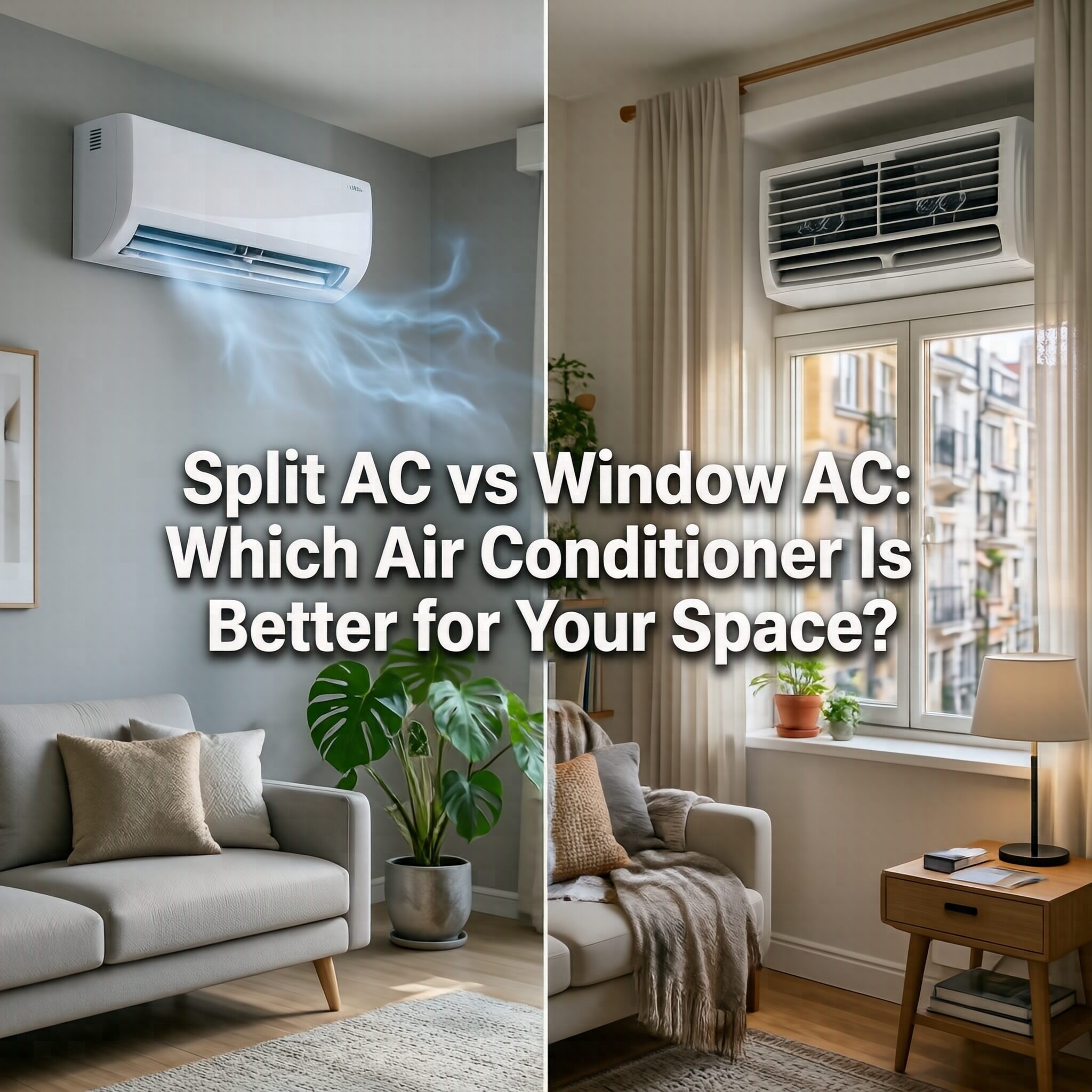 Split AC vs Window AC: Which Air Conditioner Is Better for Your Space? showing a split air conditioner and a window air conditioner in modern homes