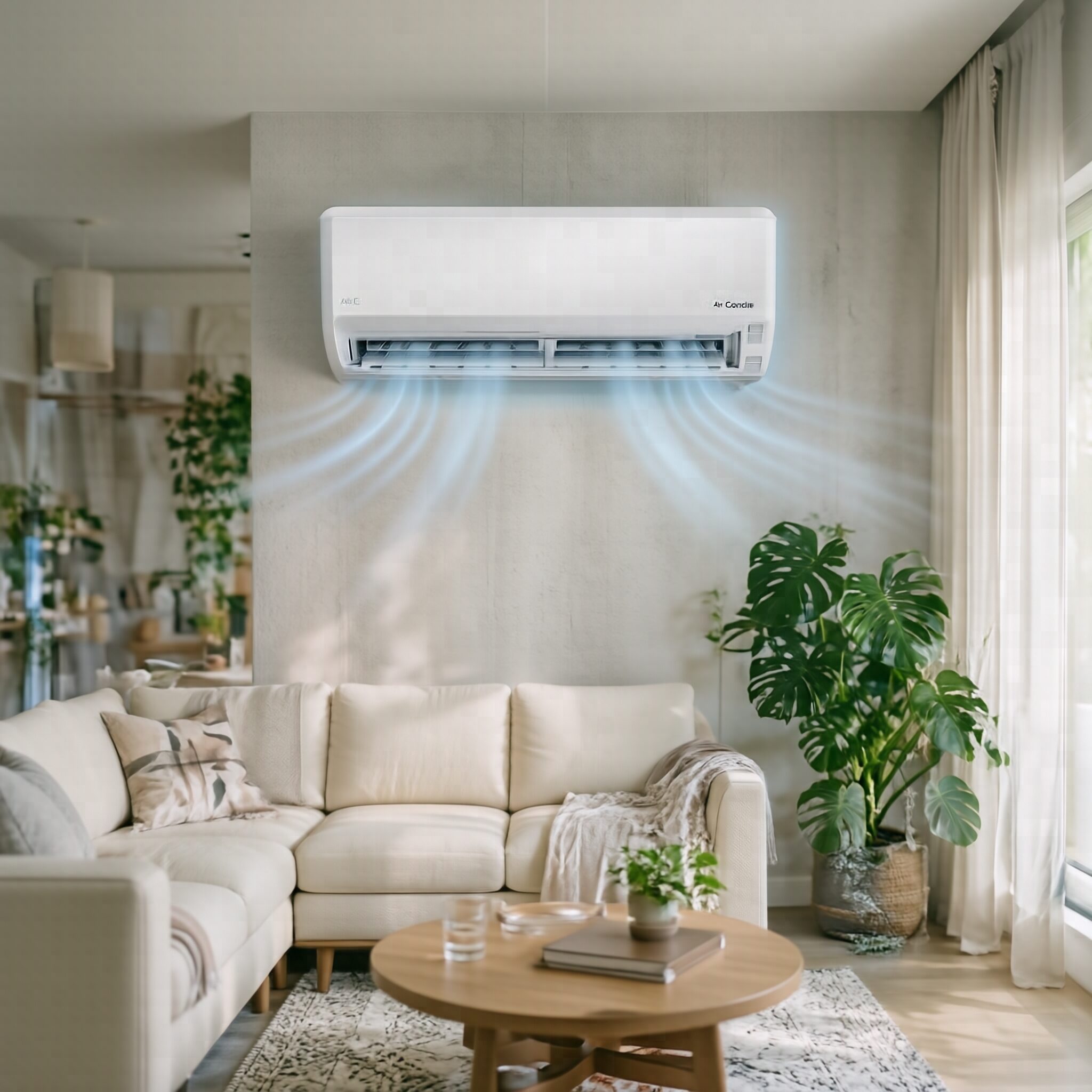 Air Conditioner Buying Guide showing a modern energy-efficient split air conditioner installed in a stylish living room