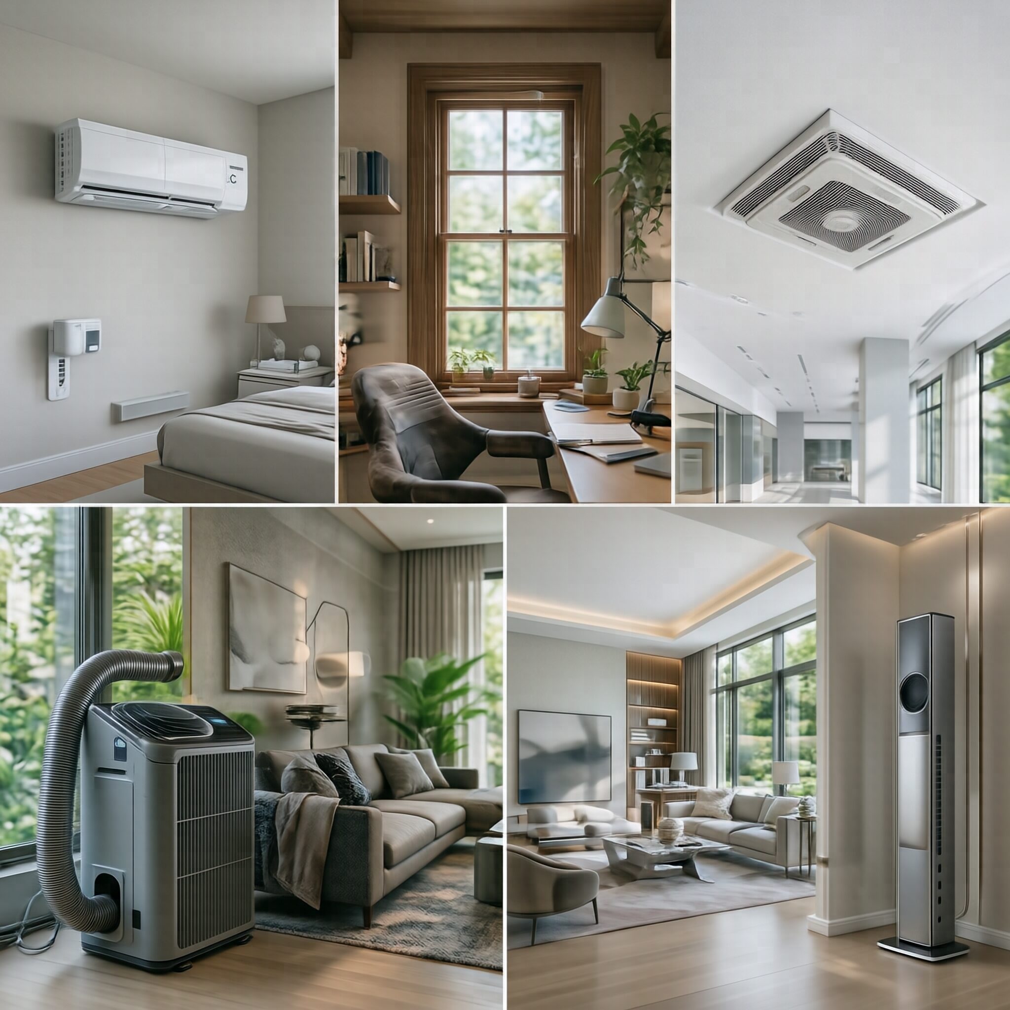 Understanding the different types of Air conditioners showing split, window, portable, cassette, and floor-standing air conditioners in different spaces