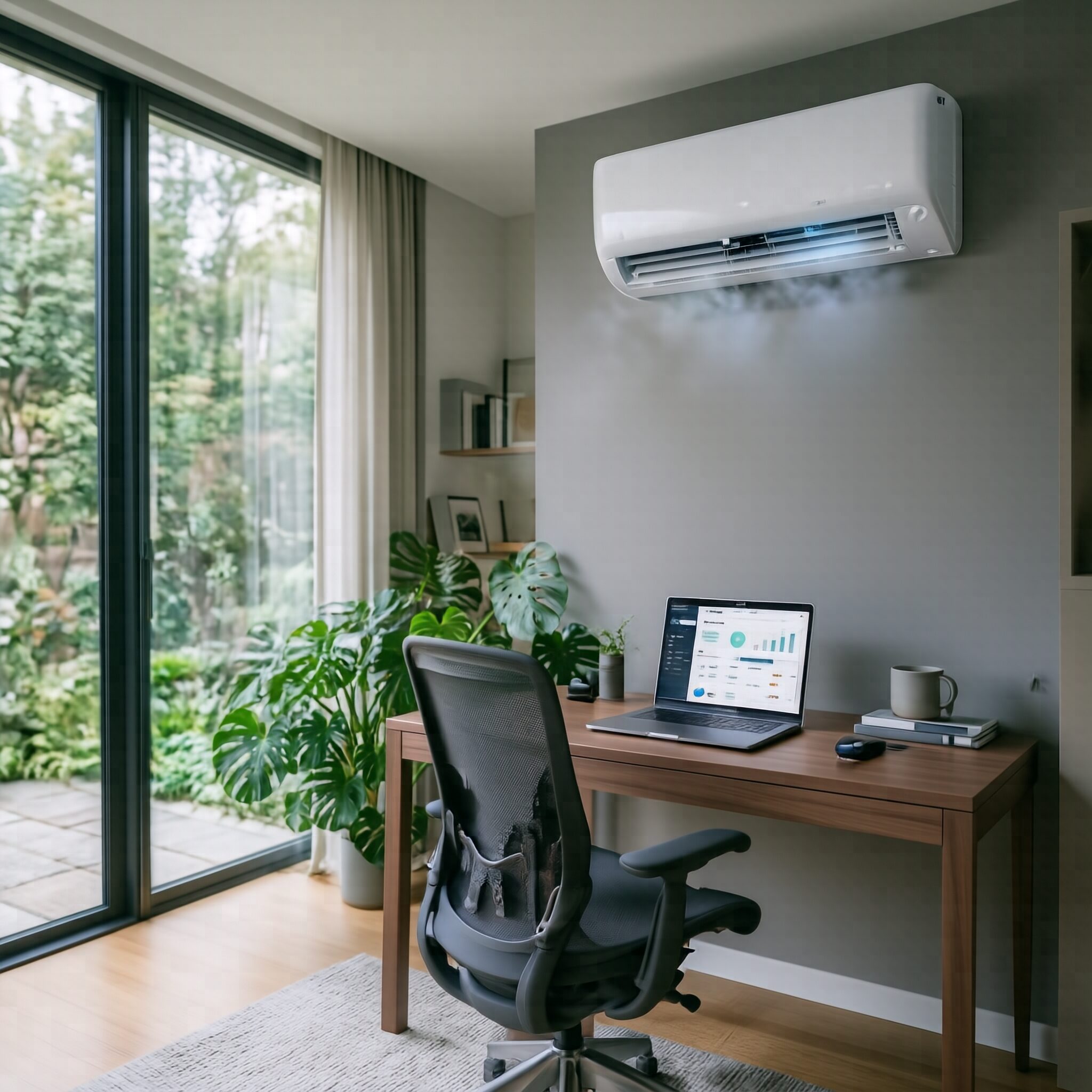 Top Benefits of Installing an Air Conditioner in Your Home or Office with a modern split air conditioner cooling a stylish home office