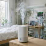 health benefits of using an air humidifier in the bedroom,office space or hospitals showing a modern air humidifier operating in a clean indoor environment
