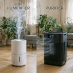 differences between air humidifier and air purifier showing a modern air humidifier and air purifier in a stylish living room