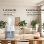 differences between air humidifier and diffuser showing a modern air humidifier and essential oil diffuser in a stylish living room