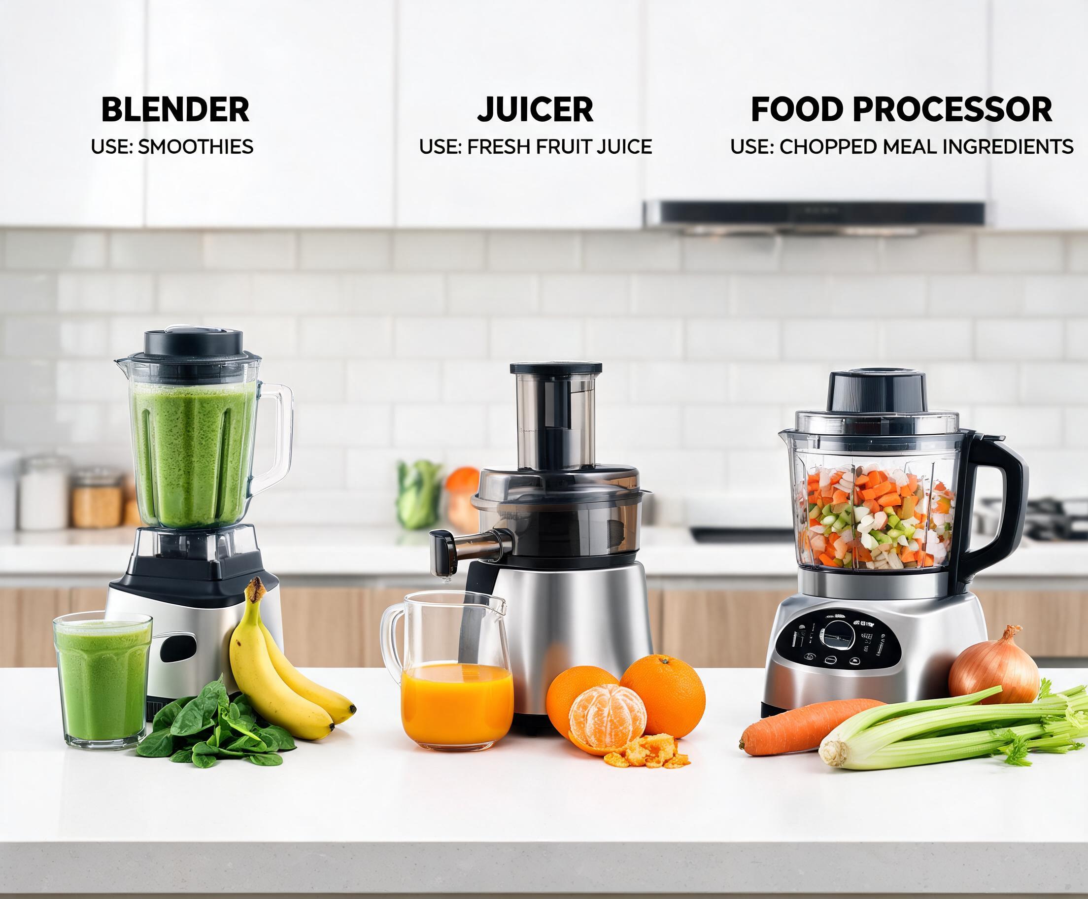 Blender vs juicer vs food processor displayed on a modern kitchen counter with fresh fruits, vegetables, smoothies, and meal ingredients.
