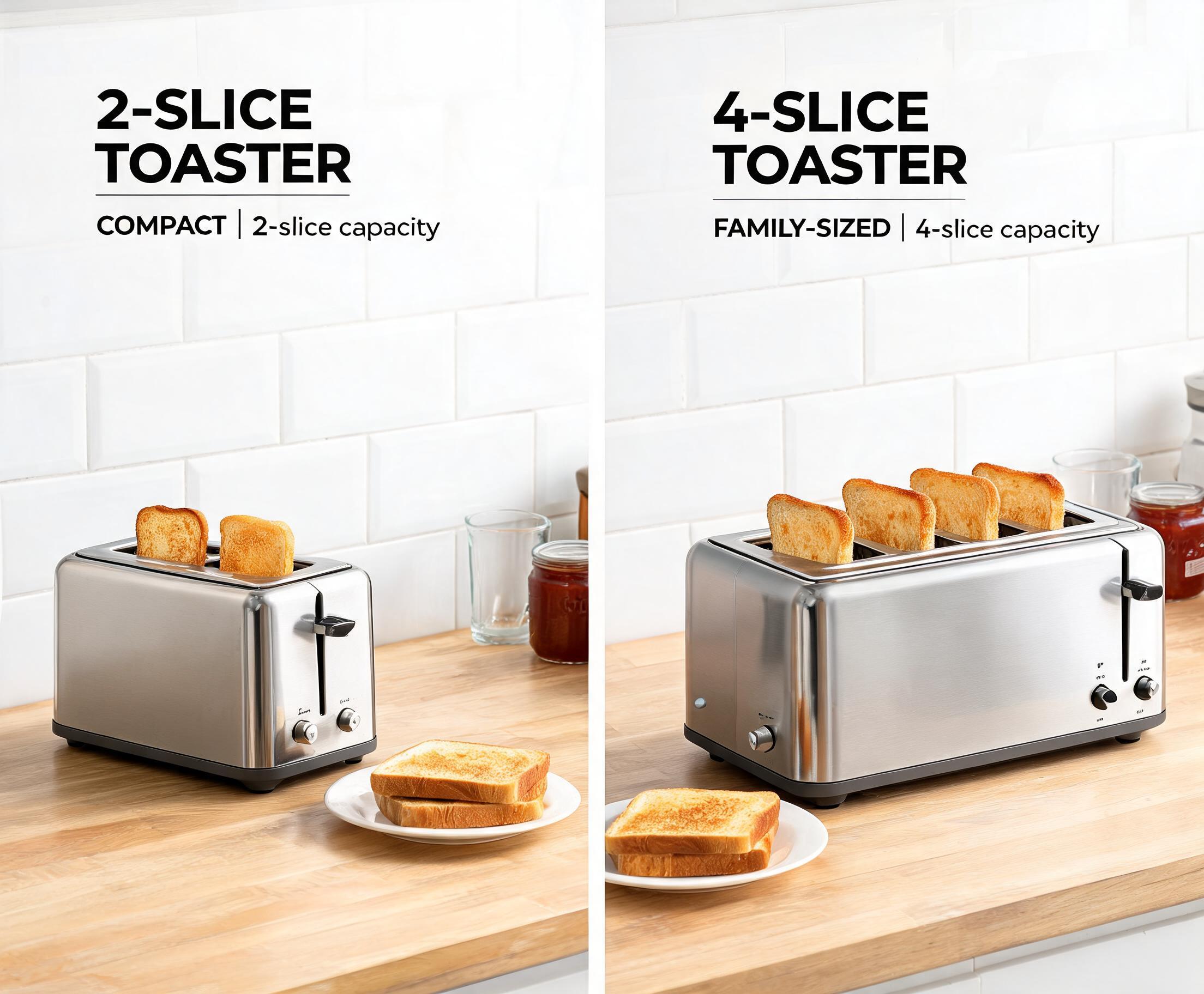 2-Slice vs 4-Slice Bread Toasters: Which One Should You Buy? 2-Slice vs 4-Slice Bread Toasters comparison showing compact and family-sized bread toasters in a modern kitchen