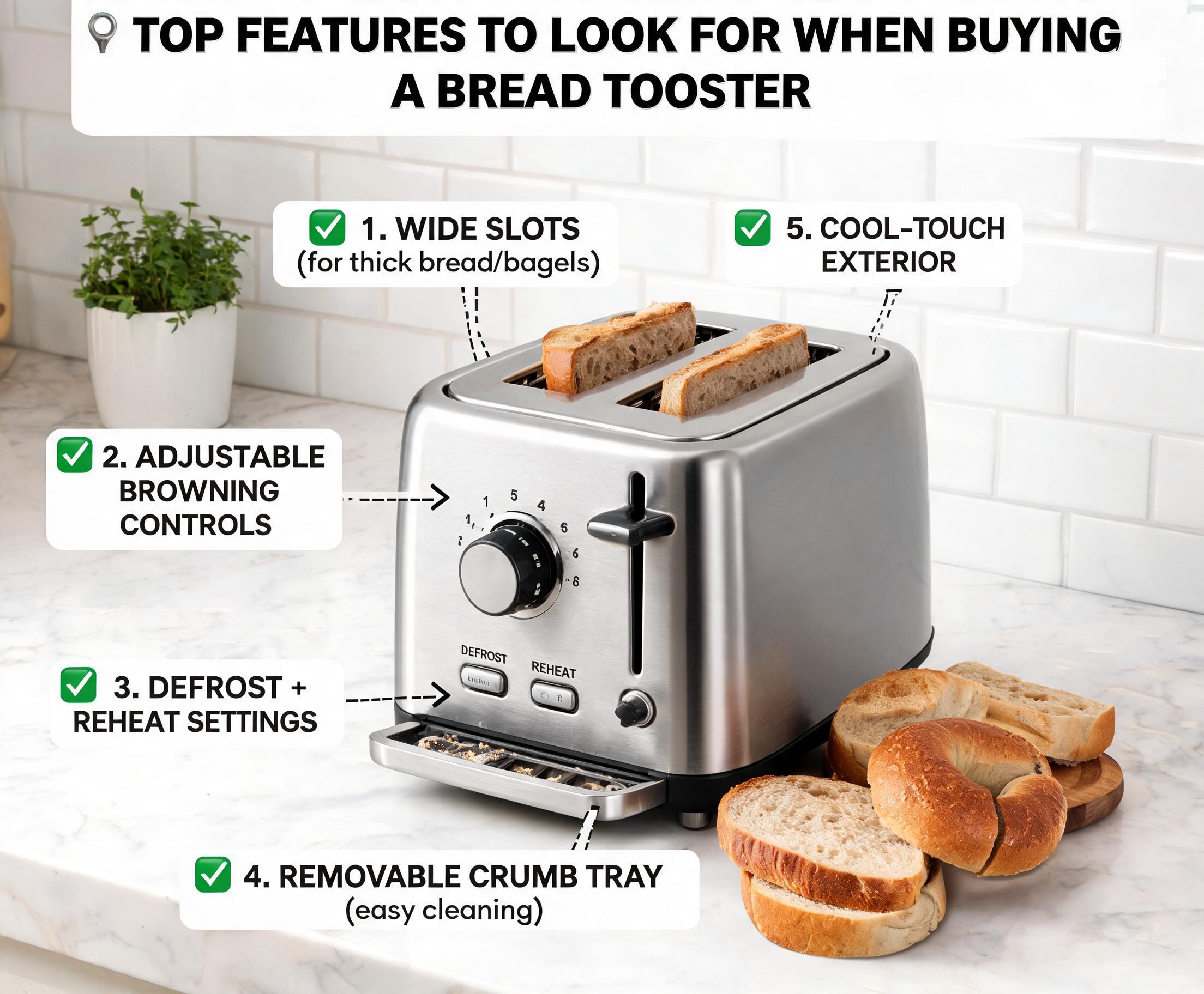 Top Features to Look for When Buying a Bread Toaster Top Features to Look for When Buying a Bread Toaster displayed on a modern stainless steel bread toaster in a stylish kitchen.