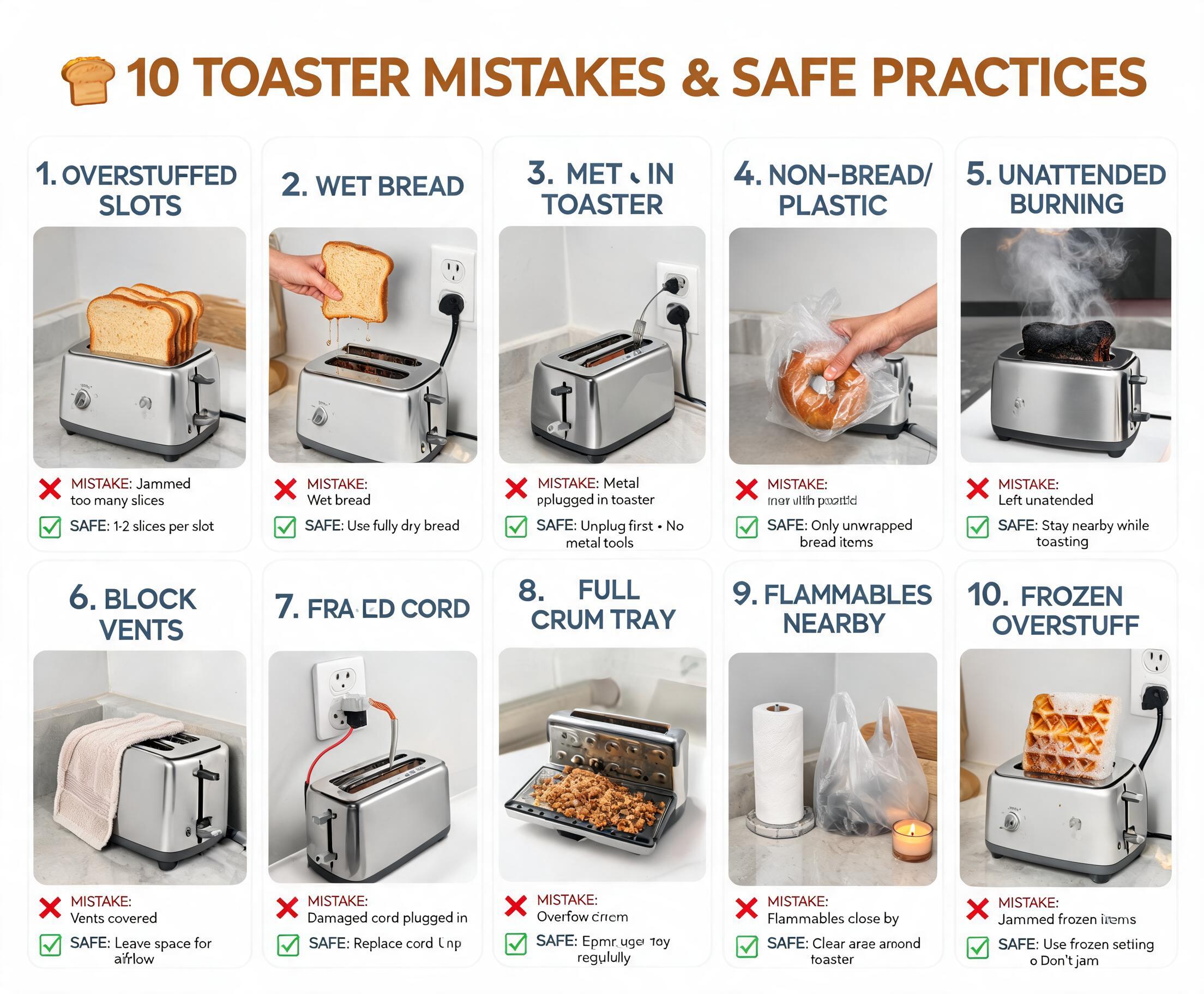 10 Wrong Ways of Using a Bread Toaster 10 wrong ways of using a bread toaster showing common toaster mistakes and safe bread toasting practices in a modern kitchen.