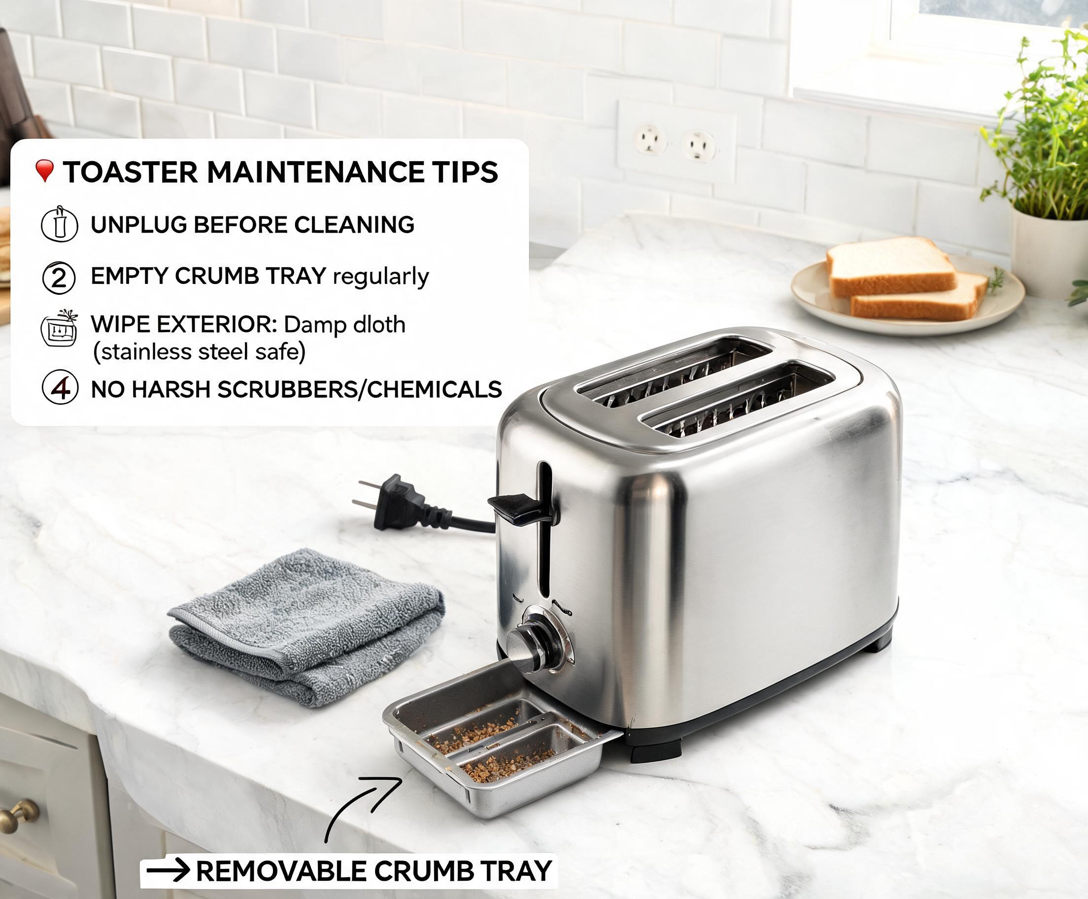 Maintenance tips for a good,clean bread toaster showing a clean stainless steel toaster with removable crumb tray in a modern kitchen.