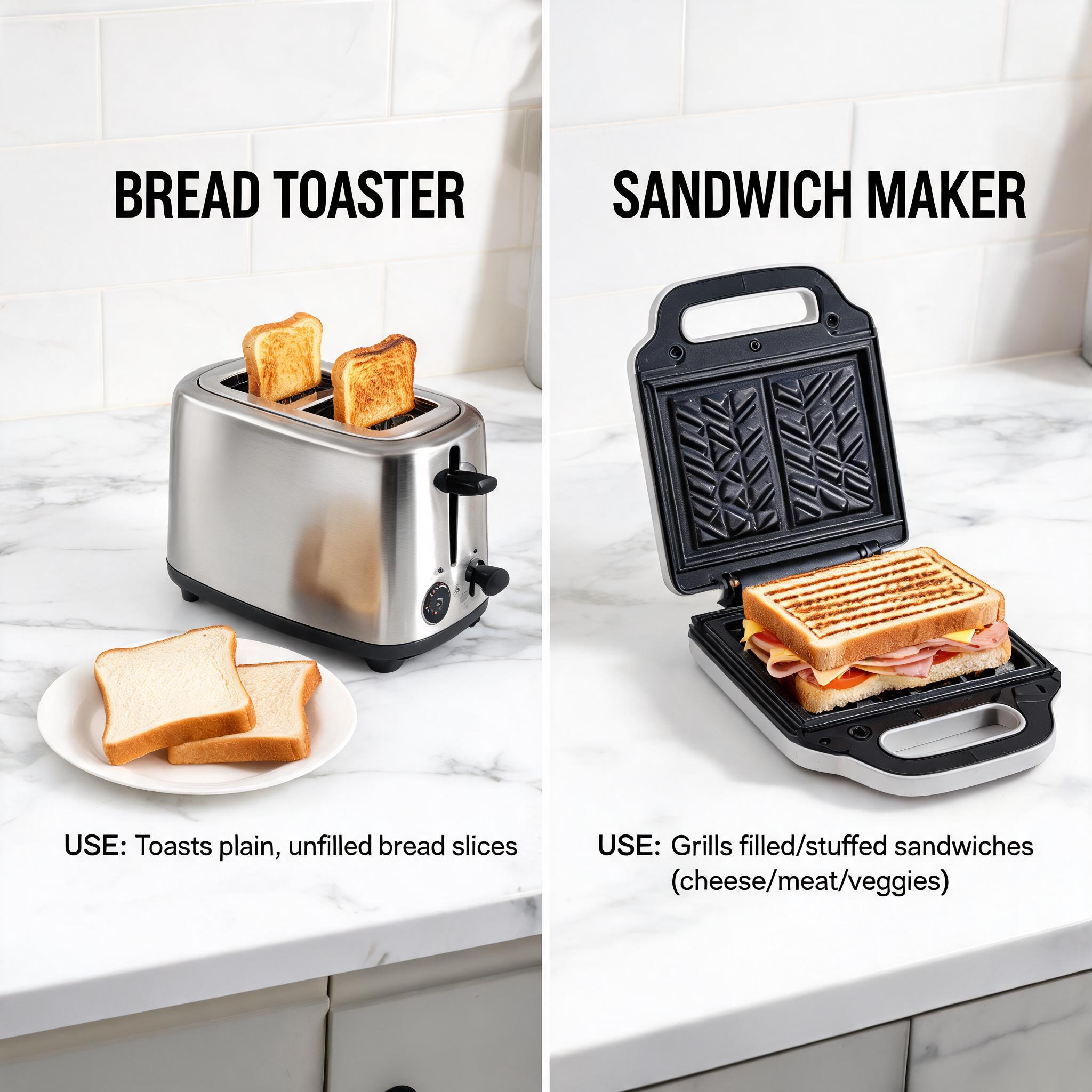 Difference Between a Bread Toaster and Sandwich Maker Difference between a bread toaster and sandwich maker showing both appliances side by side in a modern kitchen.
