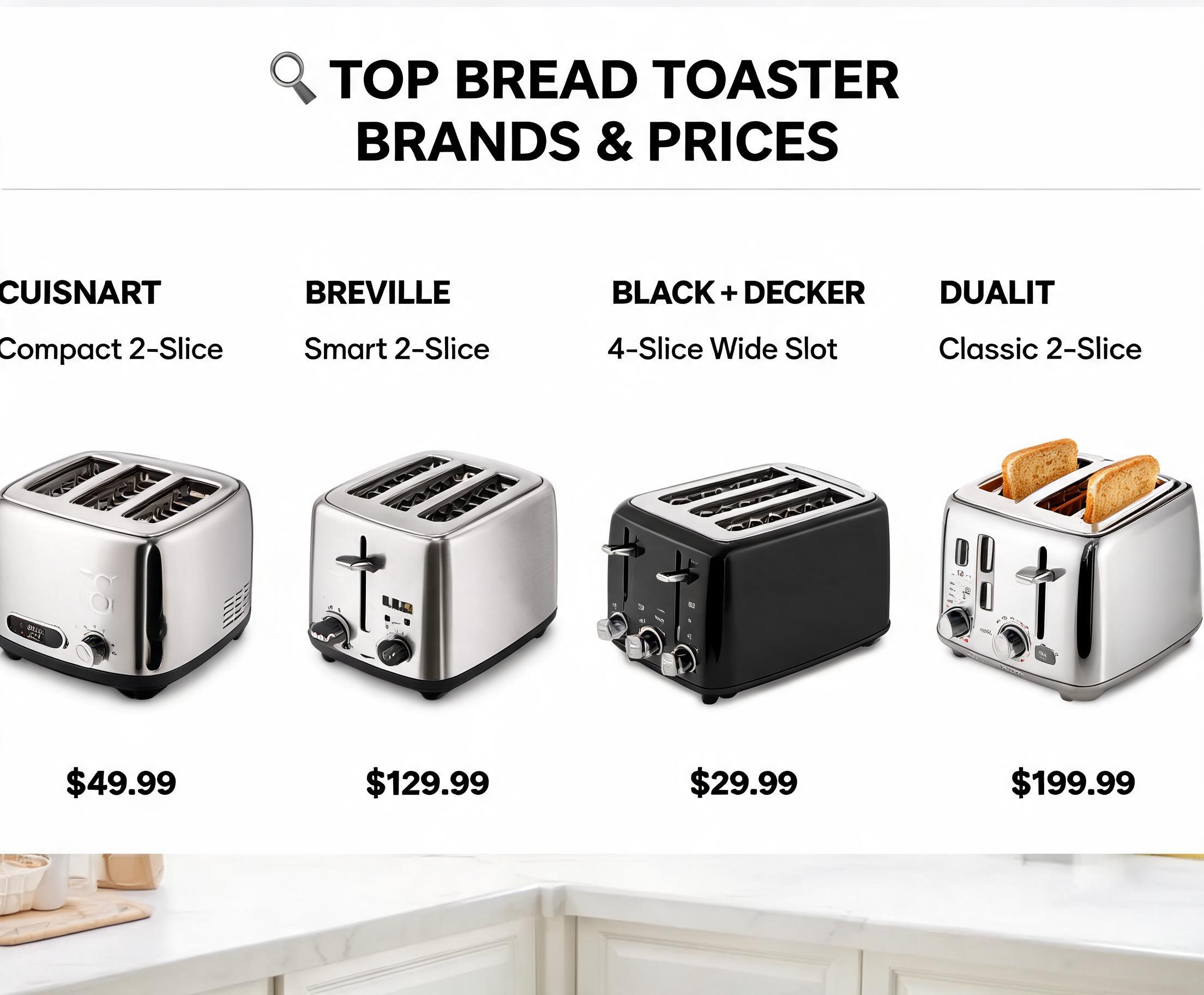 Top Brands of Bread Toaster and Their Prices featuring popular bread toaster models in a modern kitchen setting.