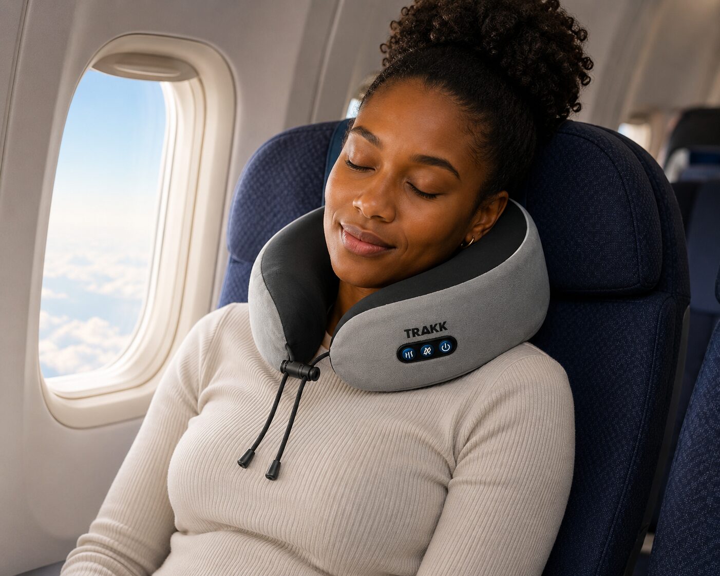 African traveler comfortably using a memory foam travel neck pillow during a long flight.