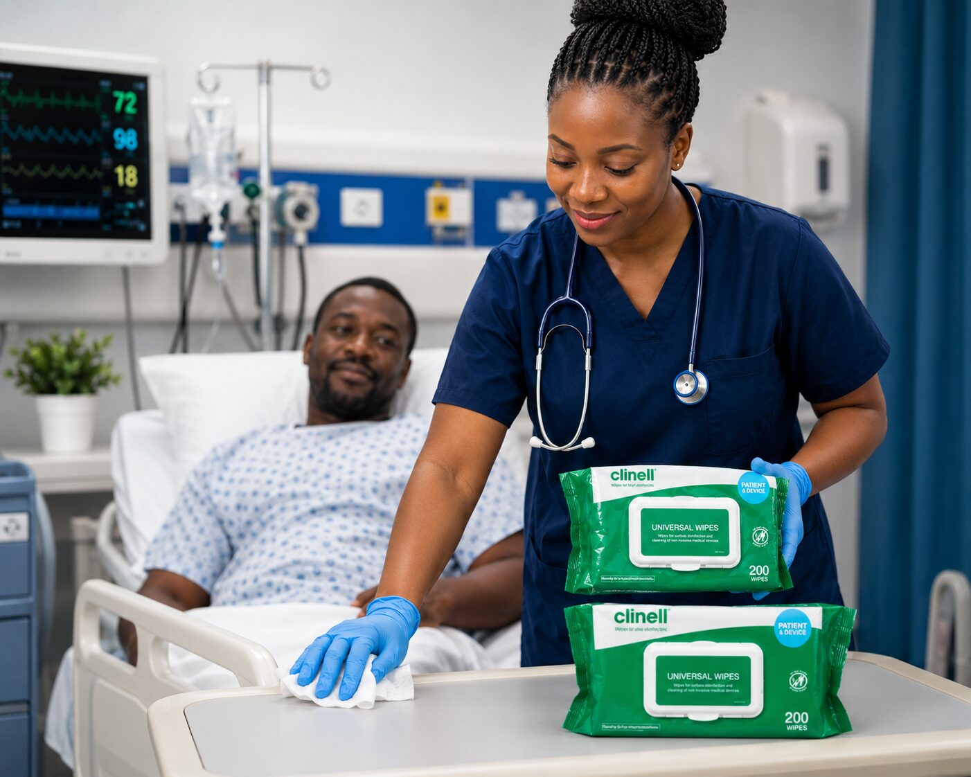Healthcare professional disinfecting medical equipment with Clinell Wipes in a clean clinical environment.