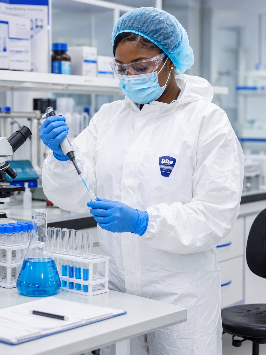 African healthcare professionals wearing disposable medical coveralls for infection prevention in a modern hospital.