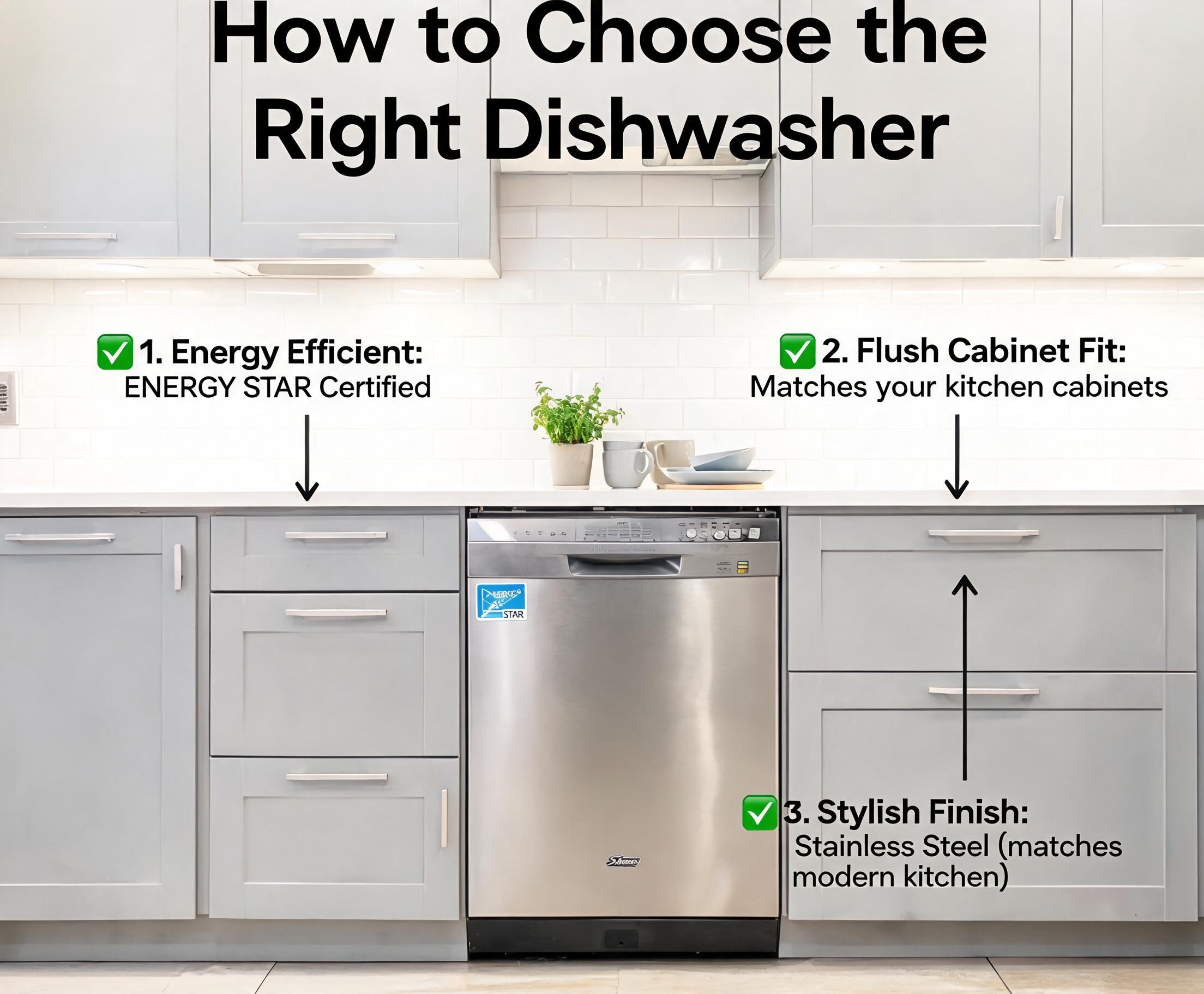 How to Choose the Right Dishwasher for Your Kitchen featuring a modern energy-efficient dishwasher in a stylish contemporary kitchen with organized cabinets.