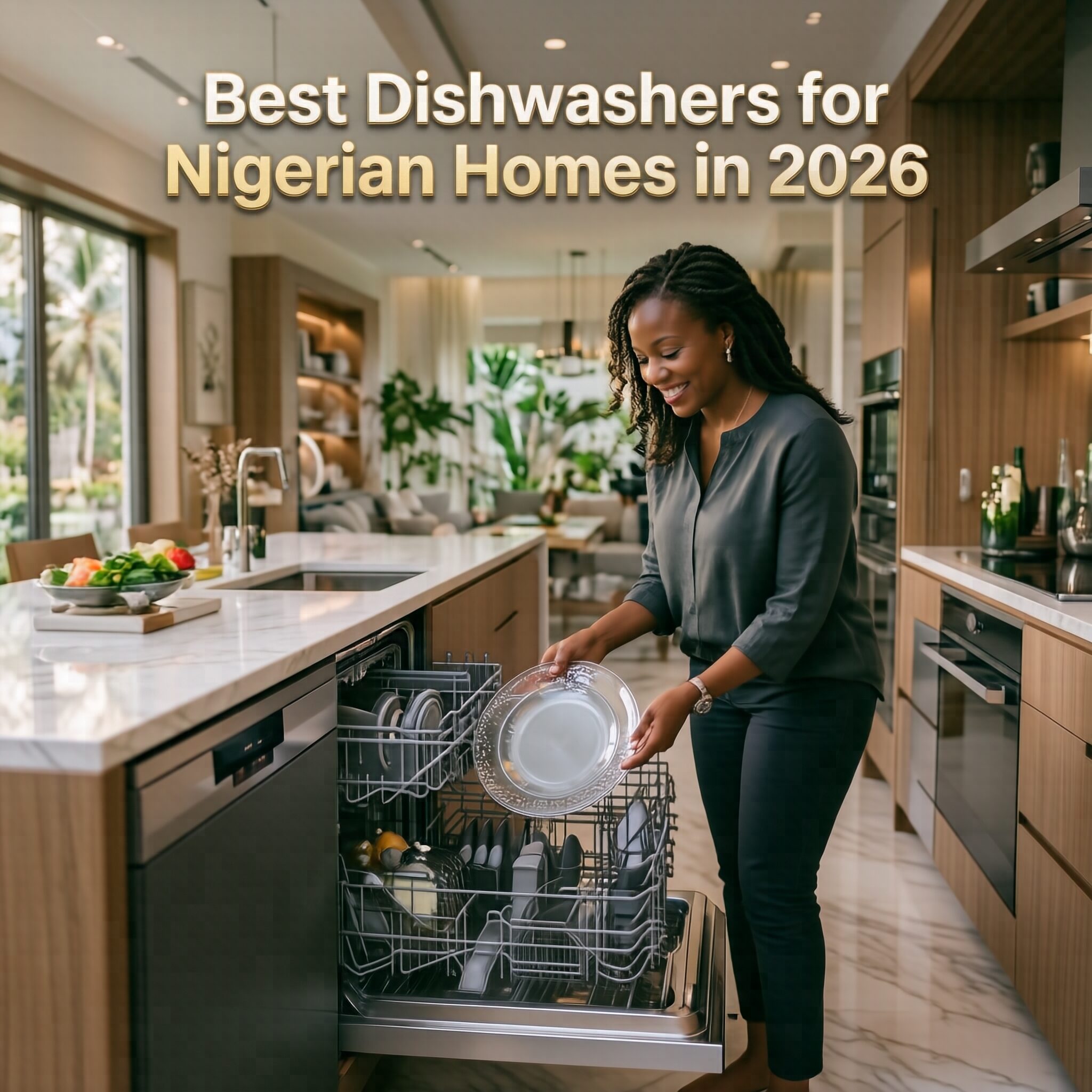 Best Dishwashers for Nigerian Homes in 2026 featuring modern energy-efficient dishwashers in a contemporary Nigerian kitchen.