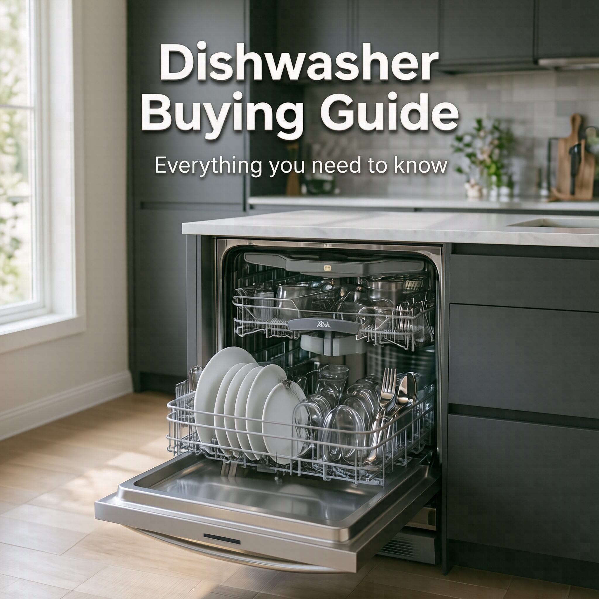 Dishwasher Buying Guide:everything you need to know featuring a modern energy-efficient dishwasher in a stylish kitchen with neatly arranged dishes.