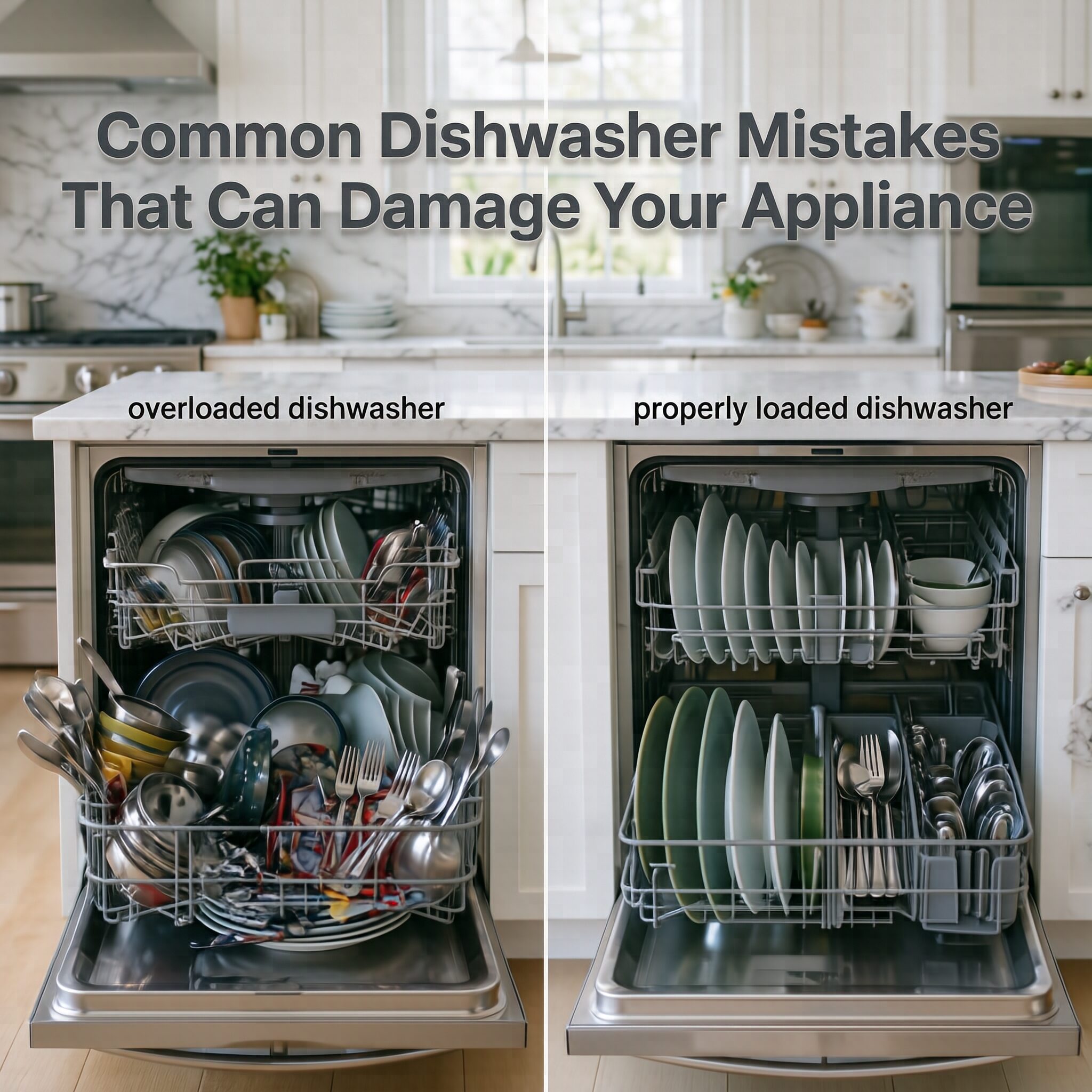 Common Dishwasher Mistakes That Can Damage Your Appliance showing an overloaded dishwasher beside a properly loaded dishwasher in a modern kitchen.