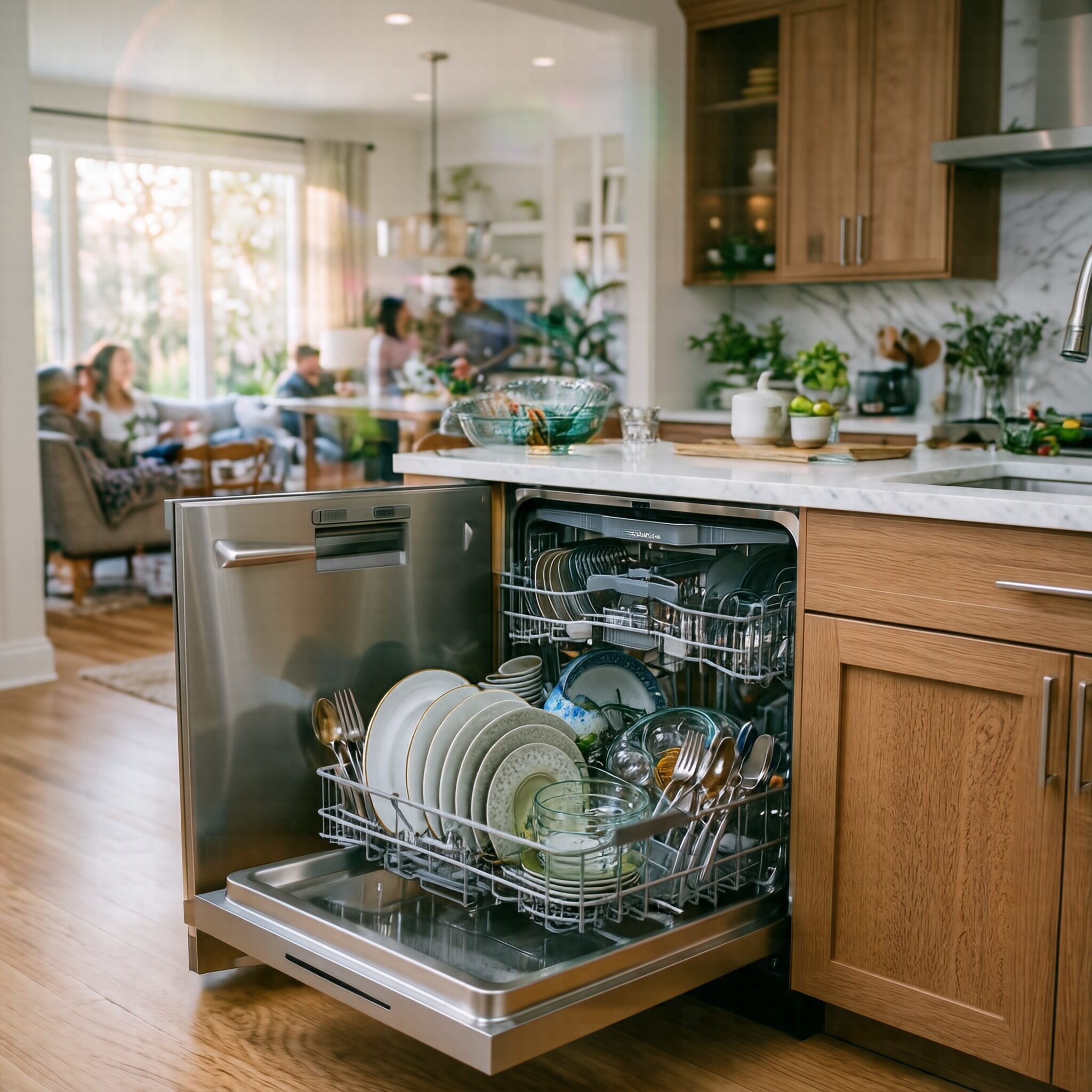 Best Dishwashers for Large Families and Busy Households featuring a spacious modern dishwasher fully loaded with dishes in a contemporary family kitchen.