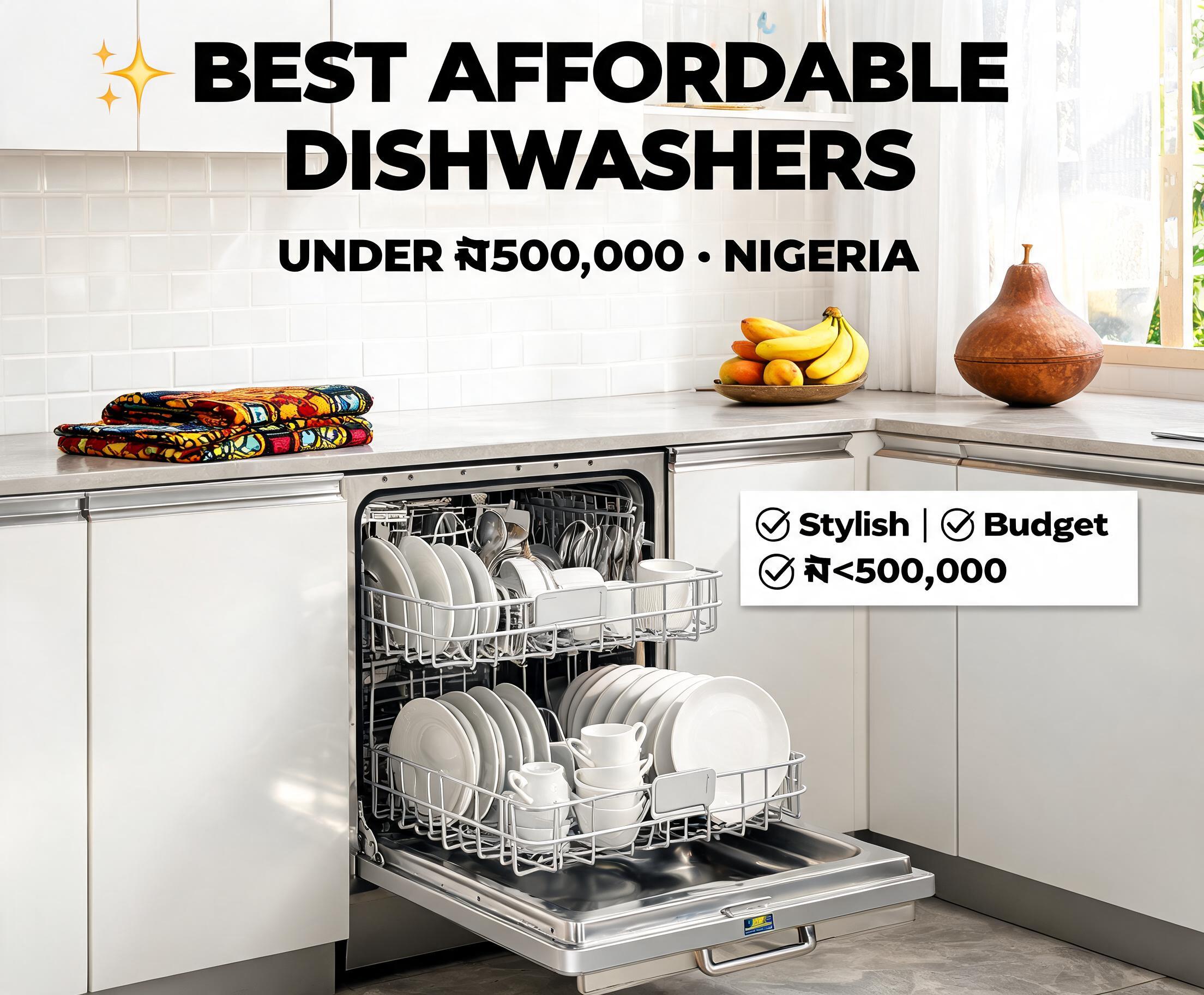 Best Affordable Dishwashers Under ₦500,000 in Nigeria featuring a modern budget-friendly dishwasher in a stylish Nigerian kitchen with clean dishes.