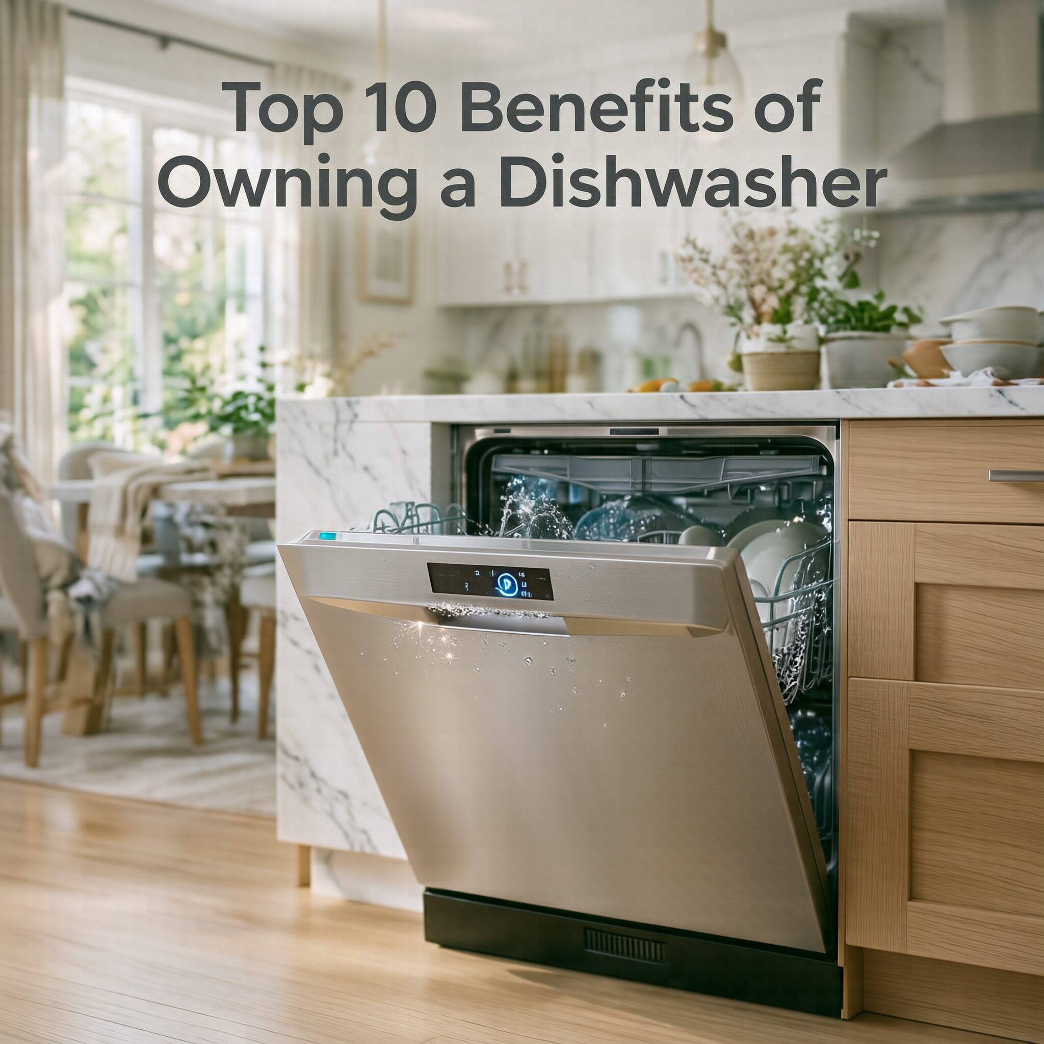 Top 10 Benefits of Owning a Dishwasher with a modern energy-efficient dishwasher cleaning dishes in a contemporary family kitchen.