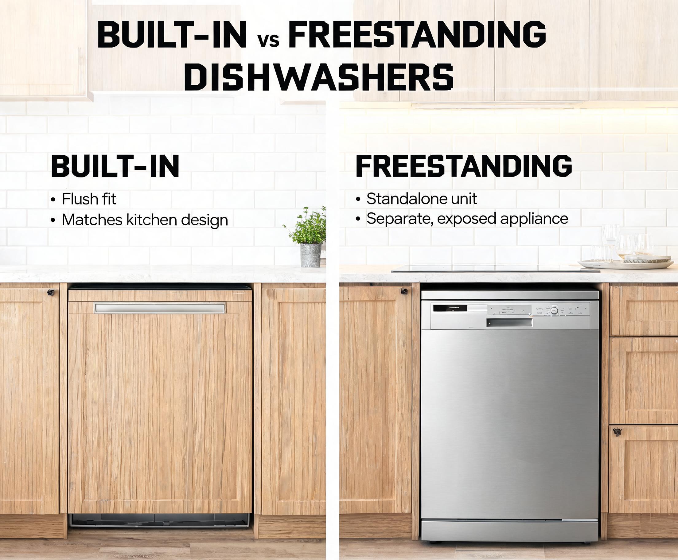 Built-In vs Freestanding Dishwashers: Which One Should You Buy? showing a modern built-in dishwasher beside a freestanding dishwasher in a stylish contemporary kitchen.