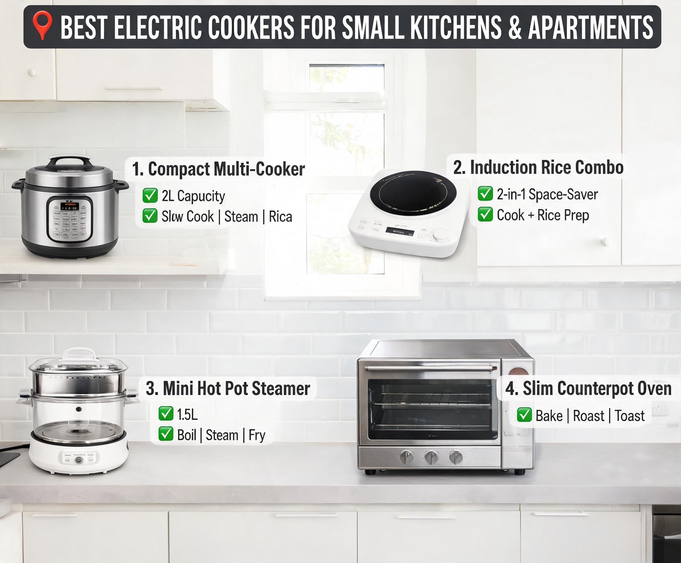 Best Electric Cookers for Small Kitchens and Apartments on a modern compact kitchen countertop with space-saving design and multi-cooking features
