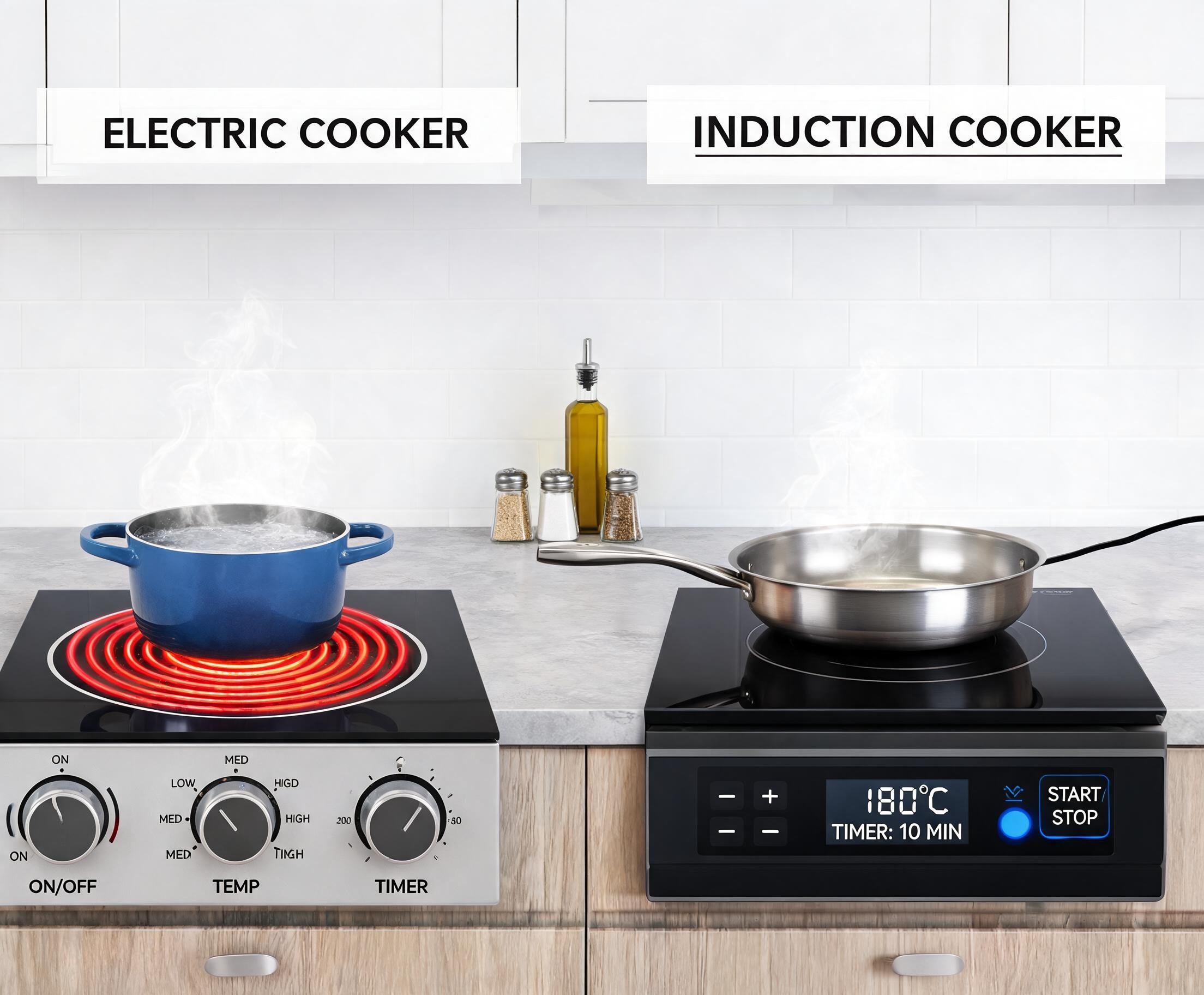 Electric Cooker vs Induction Cooker comparison showing both appliances on a modern kitchen countertop with cookware and cooking controls.
