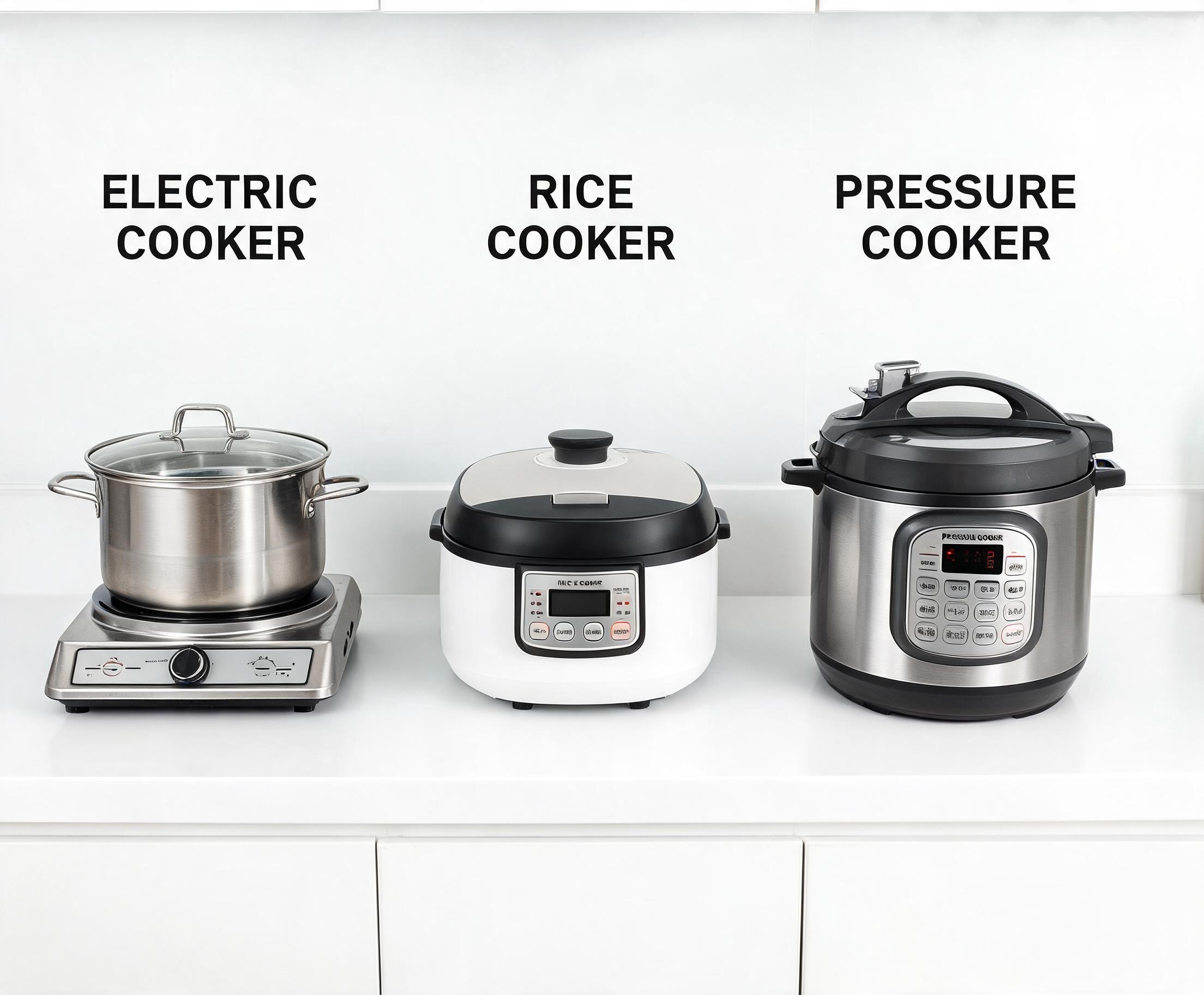 Electric Cookers vs Rice Cookers vs Pressure Cookers comparison showing three modern kitchen appliances side by side on a clean countertop.