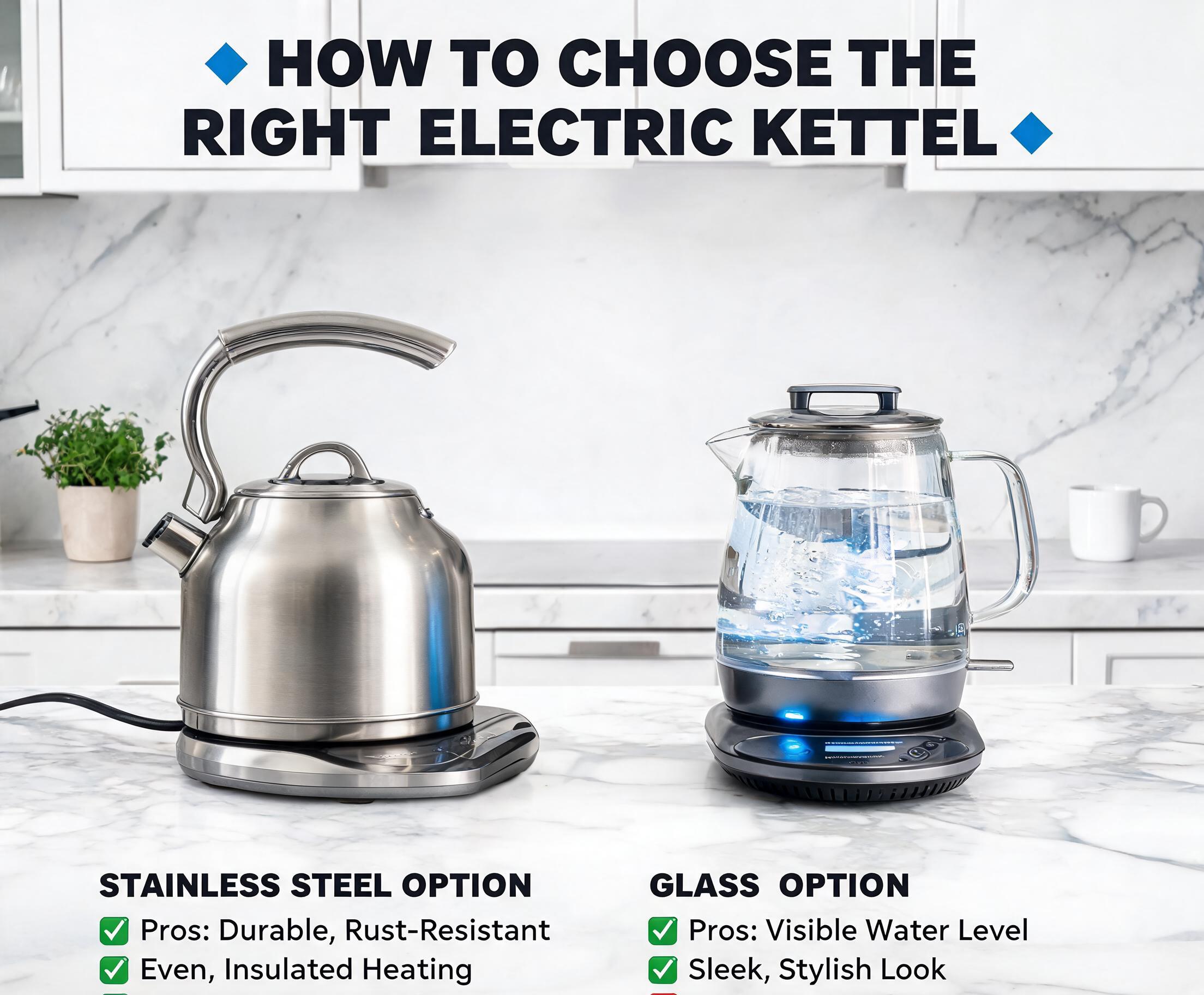 How to Choose the Right Electric Kettle for Your Home displayed with stainless steel and glass kettle options in a modern kitchen.