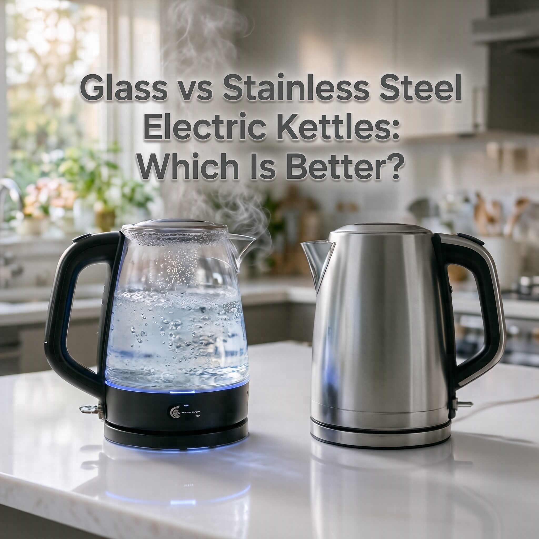 Glass vs Stainless Steel Electric Kettles: Which Is Better? showing a modern glass kettle beside a stainless steel electric kettle on a kitchen countertop.