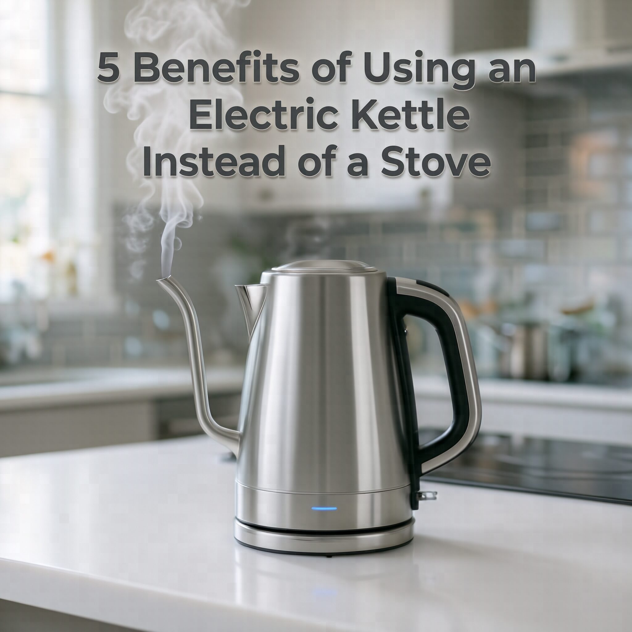 5 Benefits of Using an Electric Kettle Instead of a Stove with a modern stainless steel electric kettle boiling water in a contemporary kitchen.