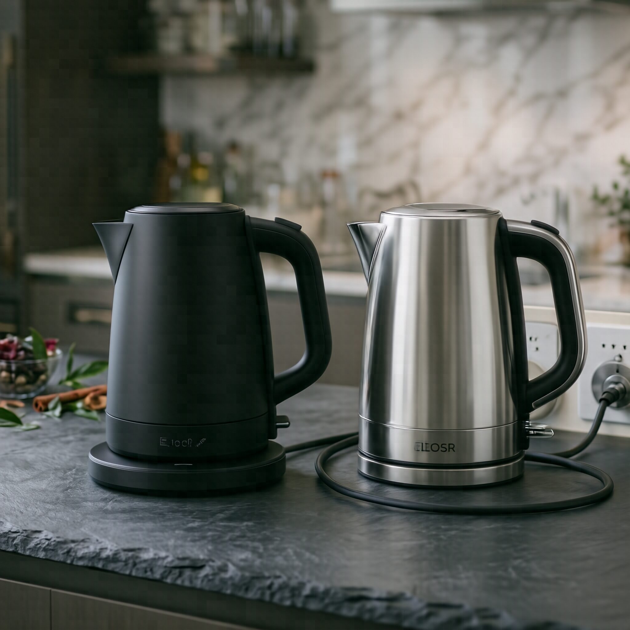 Cordless vs Corded Electric Kettles displayed side by side on a modern kitchen countertop, highlighting their different designs and features.