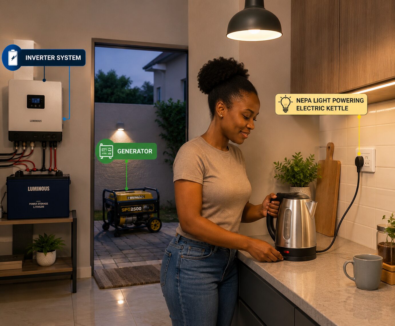 Electric kettle for inverter, generator and NEPA light displayed on a kitchen countertop beside an inverter, portable generator, and household power outlet.
