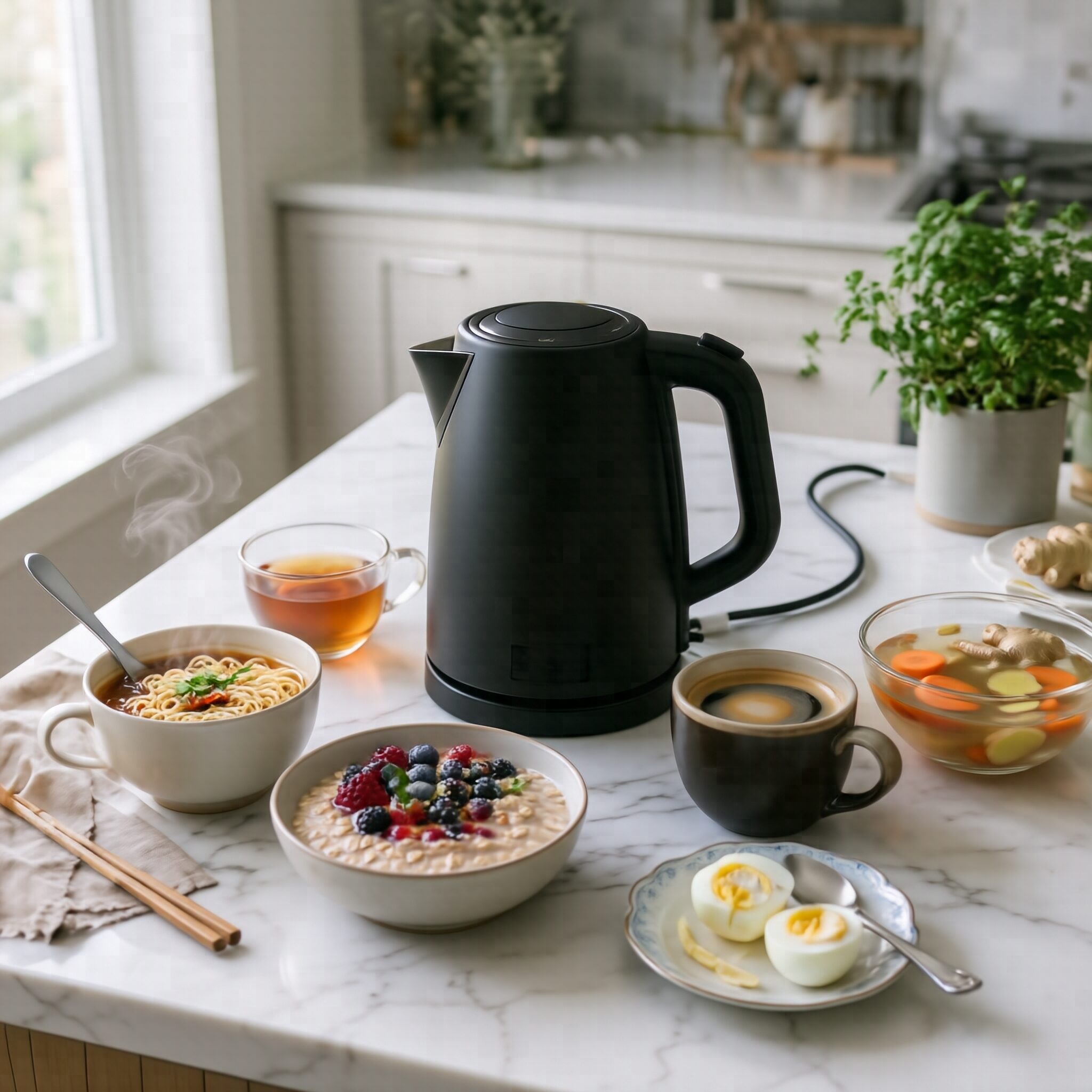 Can You Cook with an Electric Kettle? Smart Uses Beyond Boiling Water showing an electric kettle beside instant noodles, oatmeal, tea, coffee, boiled eggs, and soup ingredients in a modern kitchen.