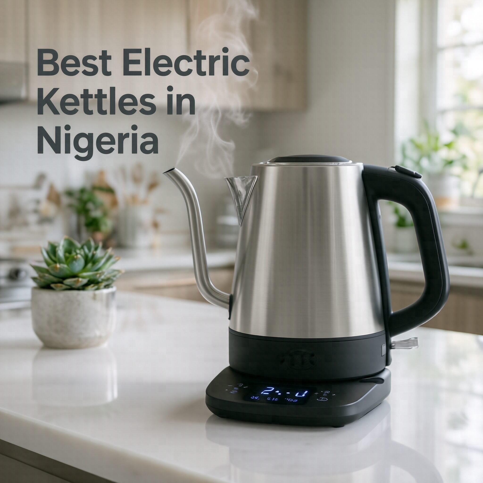 Best Electric Kettles in Nigeria for Fast and Energy-Efficient Boiling on a modern kitchen countertop.