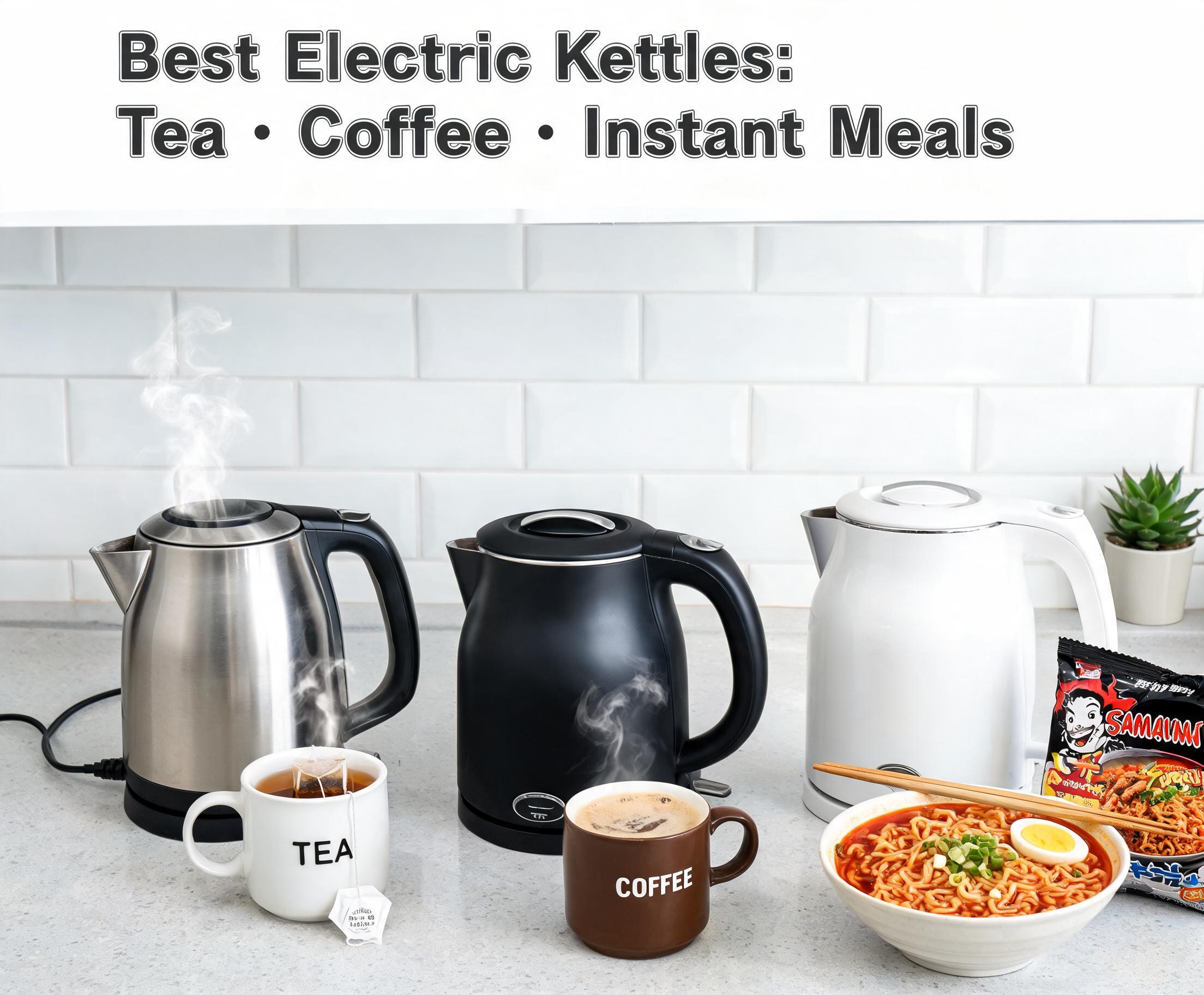 Best Electric Kettles for Tea, Coffee, and Instant Meals displayed on a modern kitchen countertop with mugs, coffee, tea, and instant noodles.