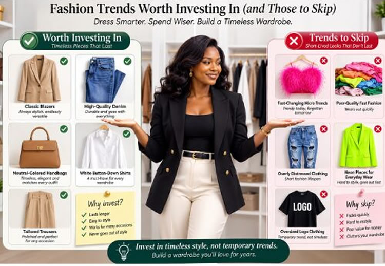 Stylish woman wearing timeless fashion staples beside trendy clothing pieces illustrating fashion trends worth investing in and trends to skip.