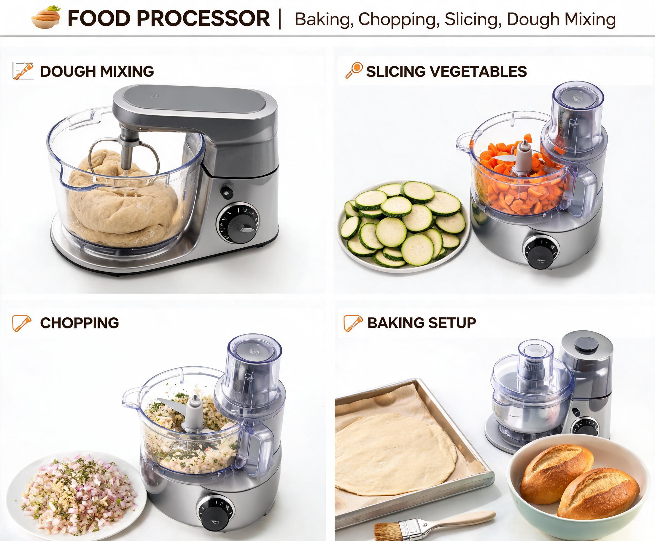 Food Processors for Baking, Chopping, Slicing and Dough Mixing shown preparing dough, sliced vegetables, chopped ingredients, and baking setup.