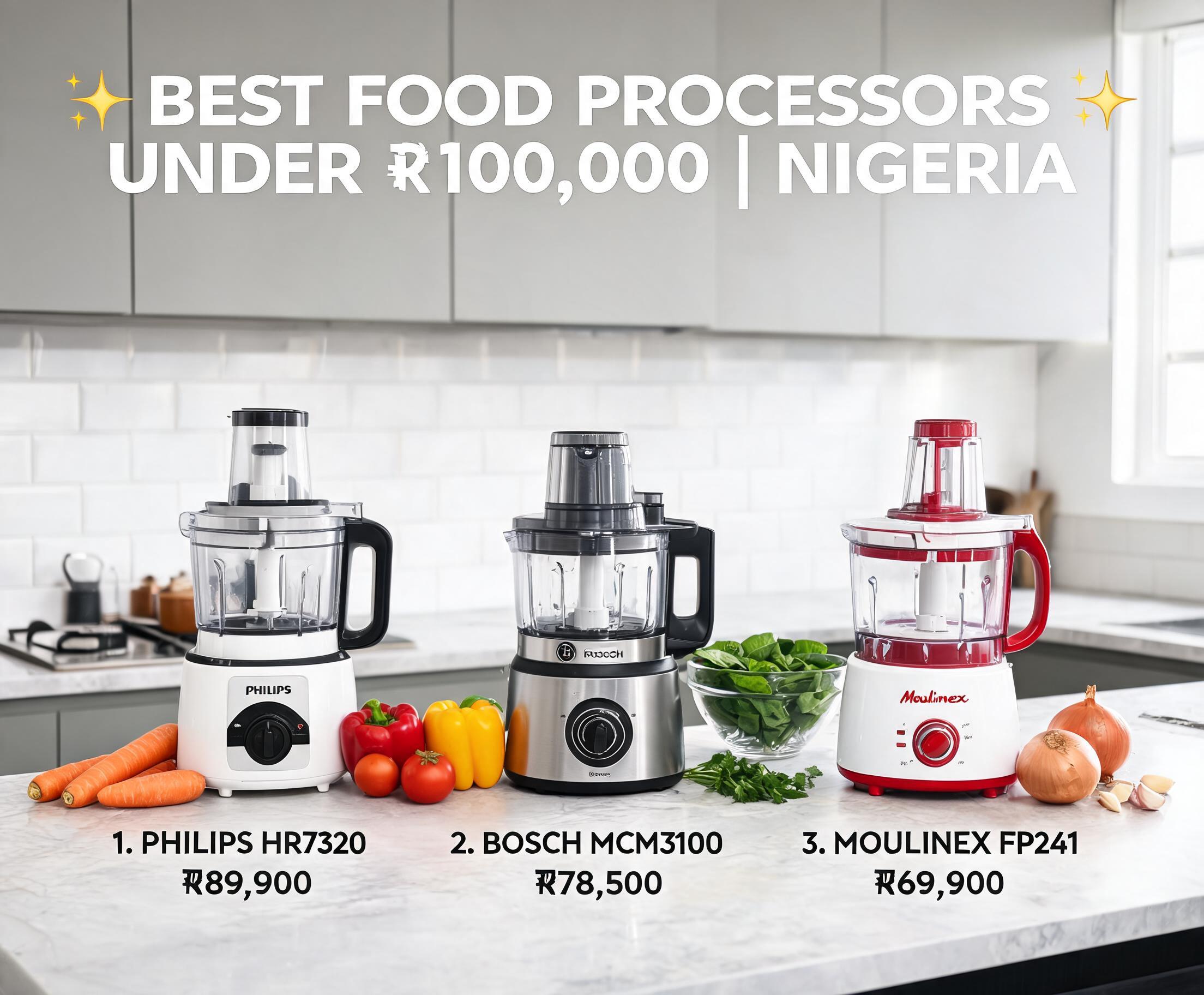 Best Food Processors Under ₦100,000 in Nigeria displayed on a modern kitchen countertop with fresh vegetables and cooking ingredients.