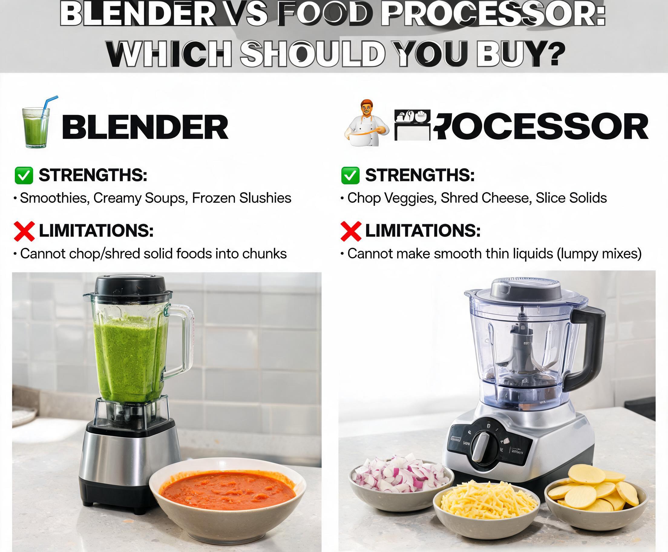 Blender vs Food Processor: Which Appliance Should You Buy displayed side by side on kitchen counter with fruits and vegetables.