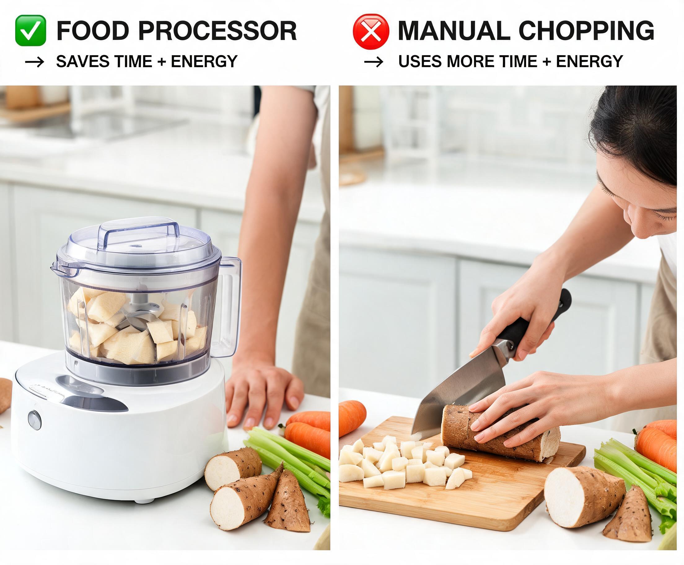 Food Processor vs Manual Chopping: which one saves time and energy Food Processor vs Manual Chopping: which one saves time and energy with a food processor and chopping board preparing fresh vegetables.