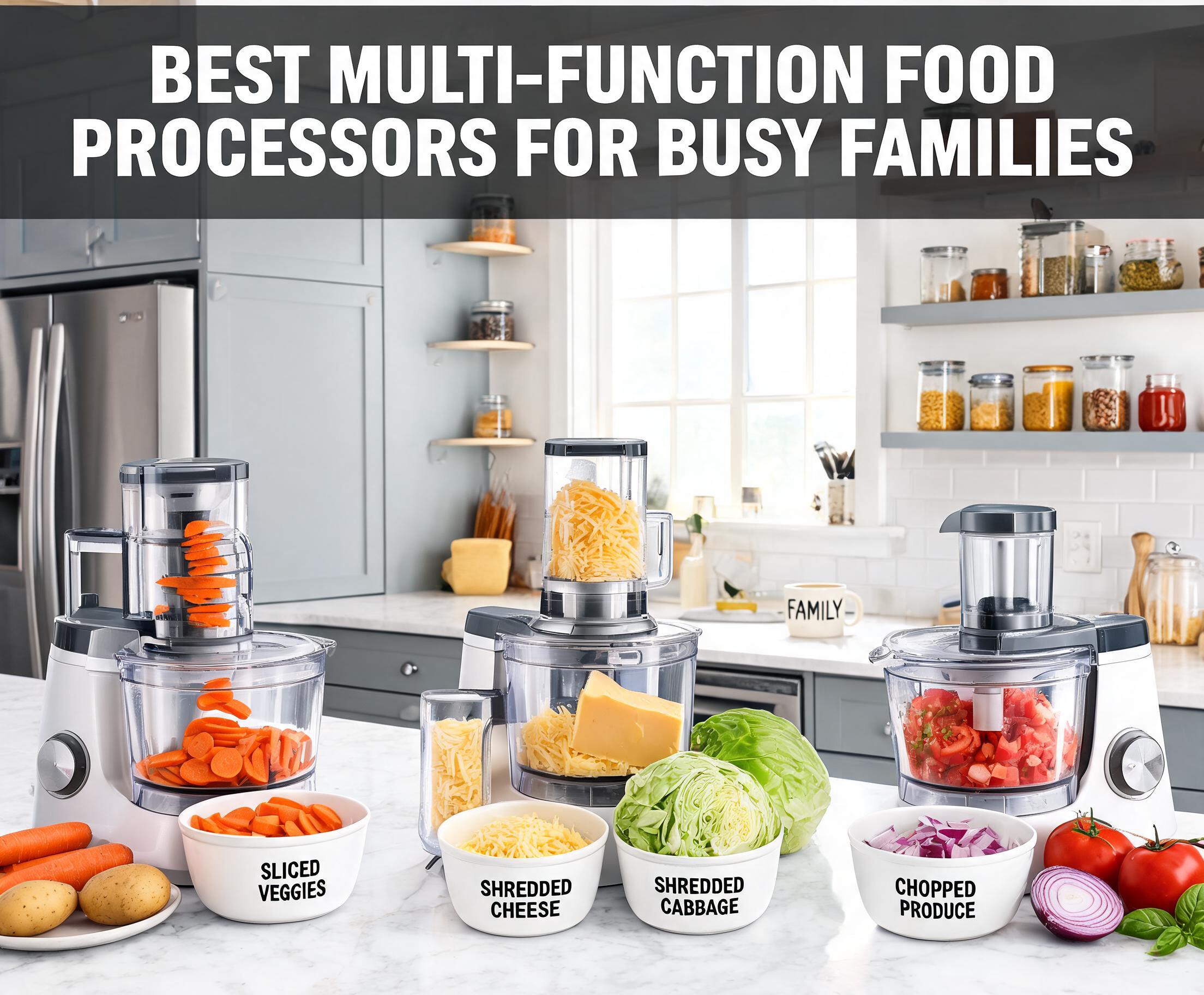 Best Multi-Function Food Processors for Busy Families displayed in a modern family kitchen with fresh vegetables and cooking ingredients.