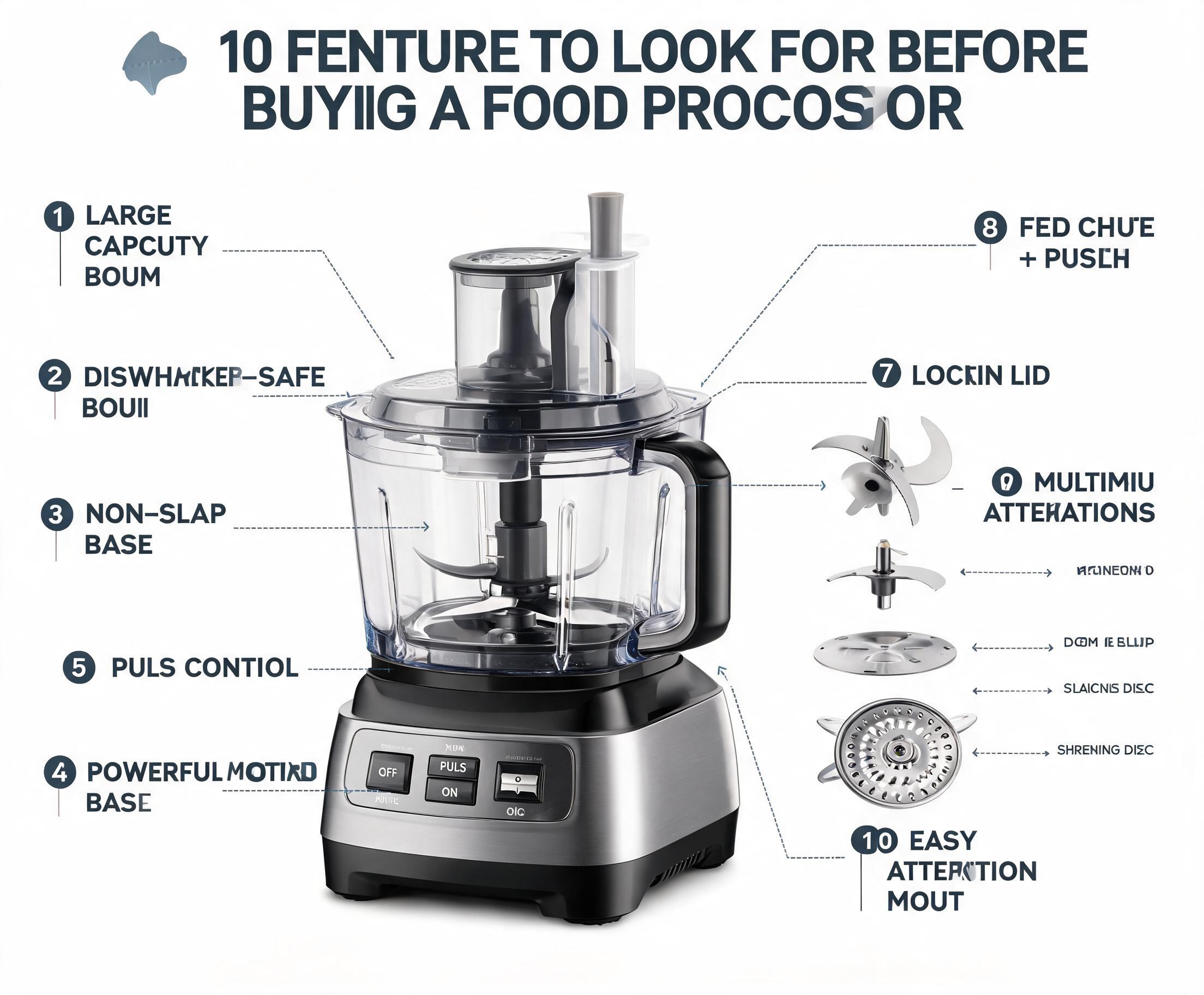 10 Features to Look for Before Buying a Food Processor showing modern appliance with attachments, blades, bowl, and control settings.