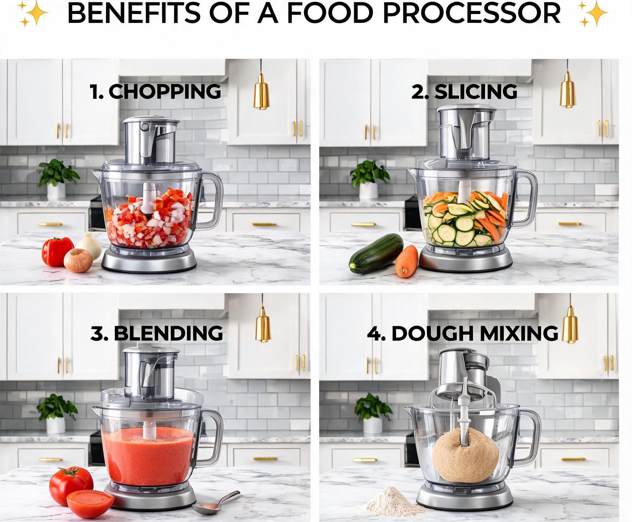 Benefits of having a food processor in a Modern Kitchen showing chopping, slicing, blending, and dough mixing in a stylish kitchen.