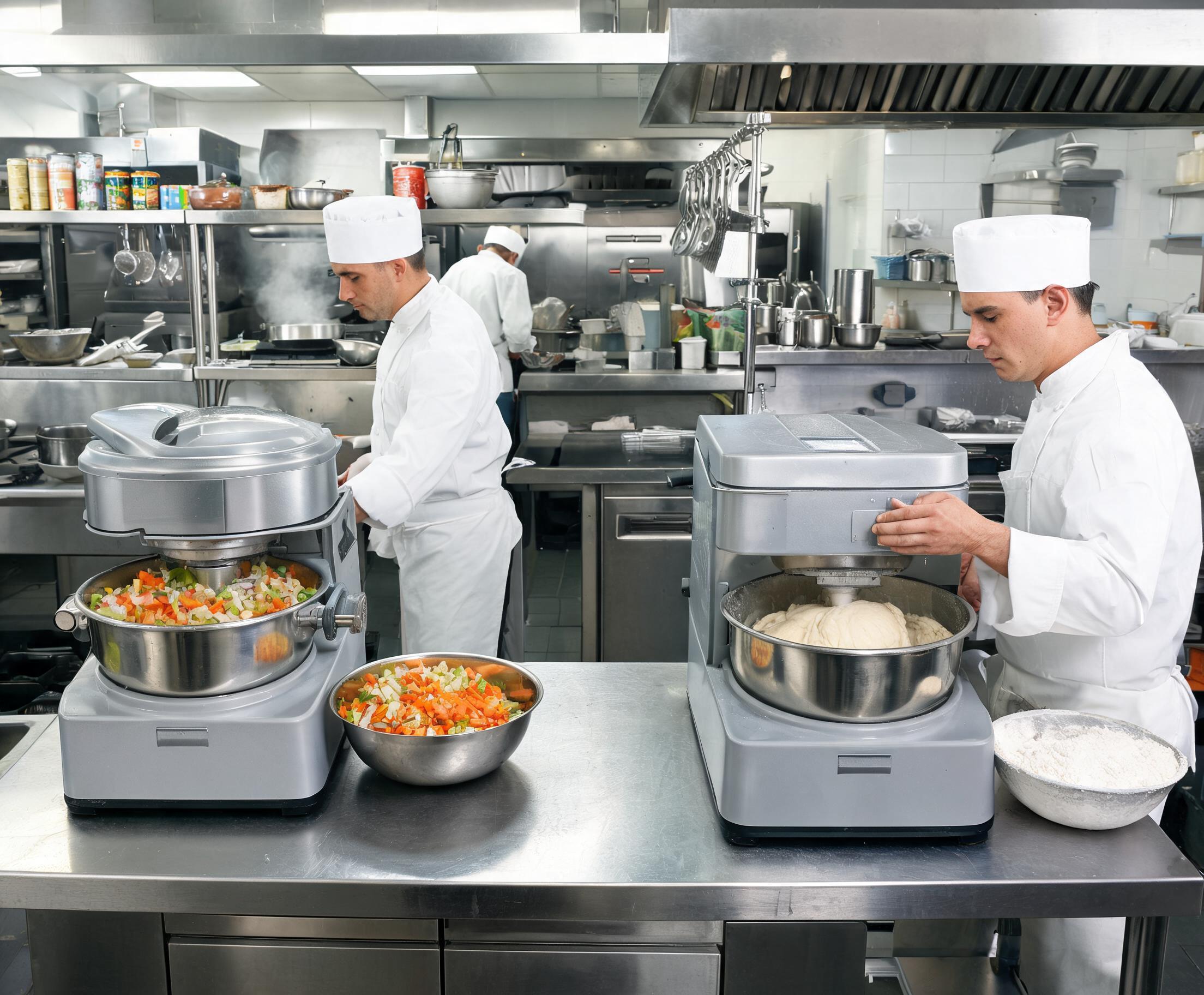 Food Processors for Commercial Kitchens and Small Food Businesses being used in a busy restaurant kitchen preparing vegetables and dough.