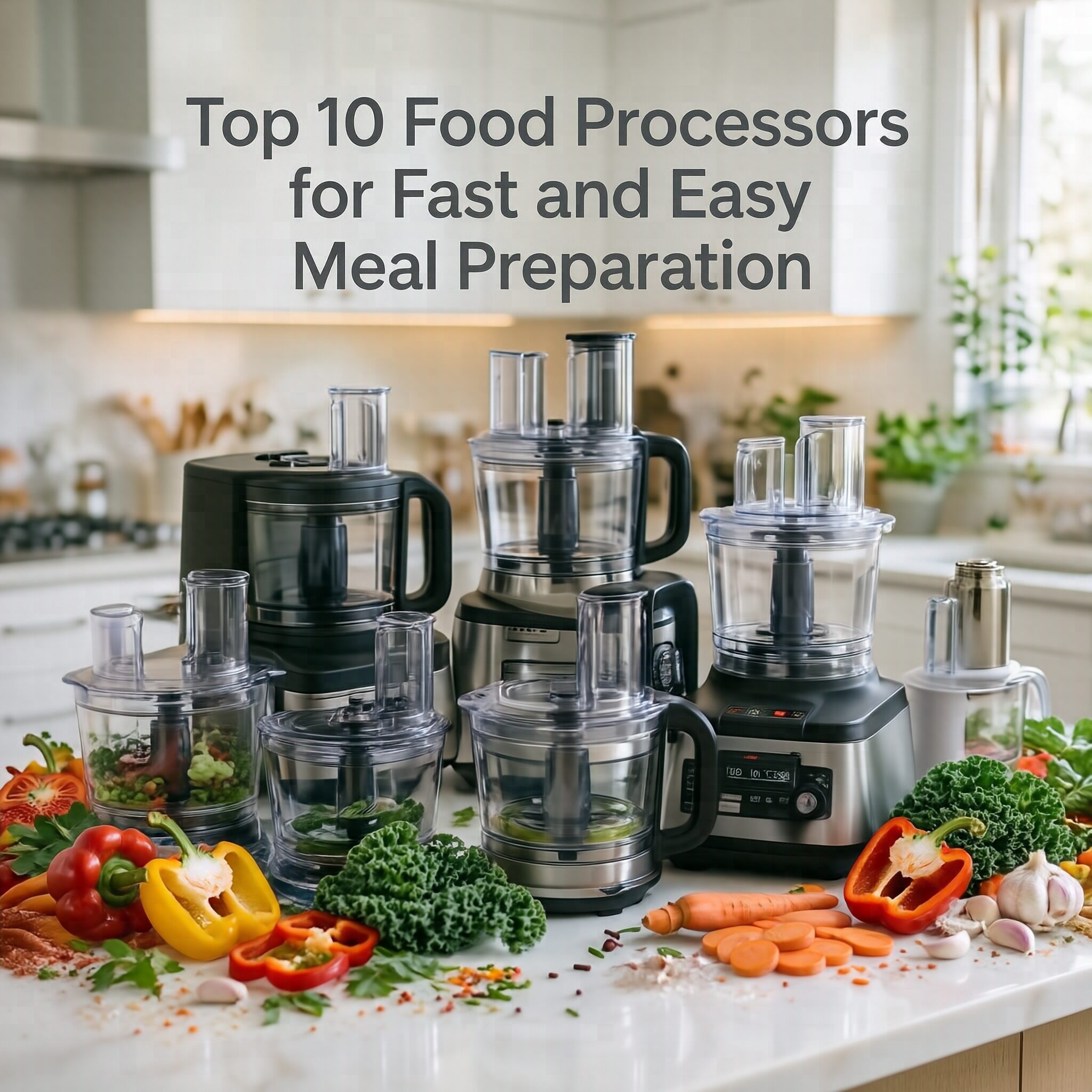 Top 10 Food Processors for Fast and Easy Meal Preparation displayed on a modern kitchen counter with fresh vegetables and ingredients.