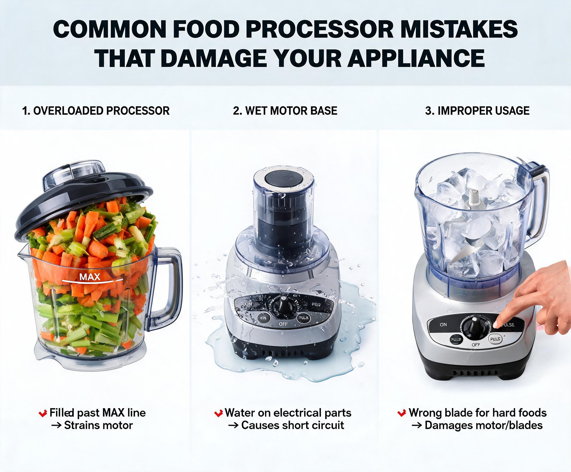 Common Food Processor Mistakes That Can Damage Your Appliance shown with overloaded food processor, wet motor base, and improper usage.