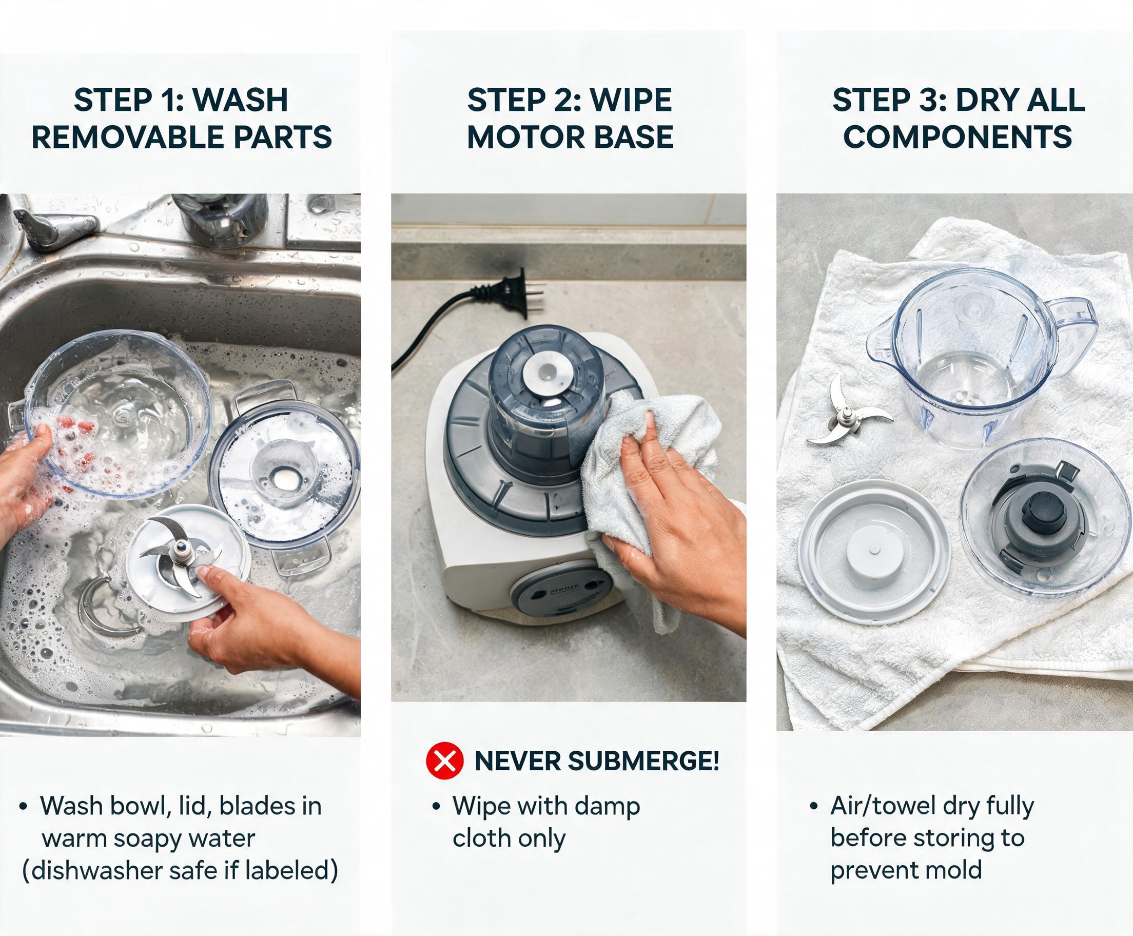 How to Clean and Maintain Your Food Processor to last Long showing washing removable parts, wiping motor base, and drying components.