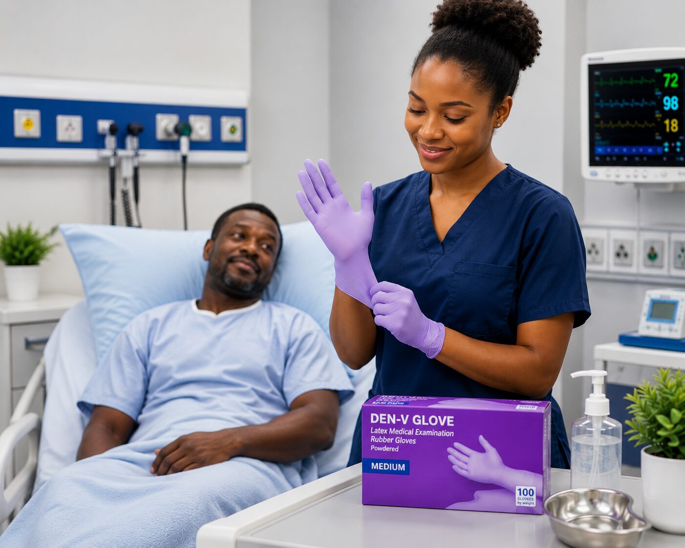 How to Choose the Right Medical Hand Gloves for Hospitals, Clinics, Laboratories, and Home Care Healthcare professional wearing blue medical hand gloves while providing safe patient care in a modern hospital setting.