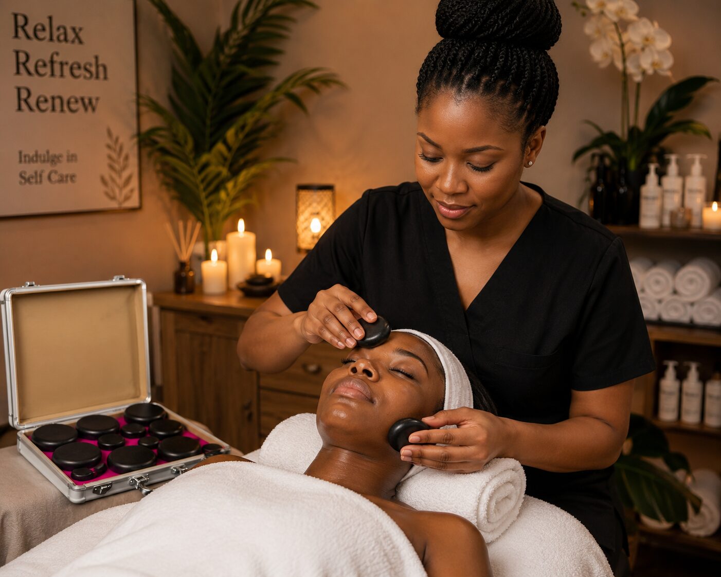 African woman using a portable facial steamer for a safe facial skincare routine at home.